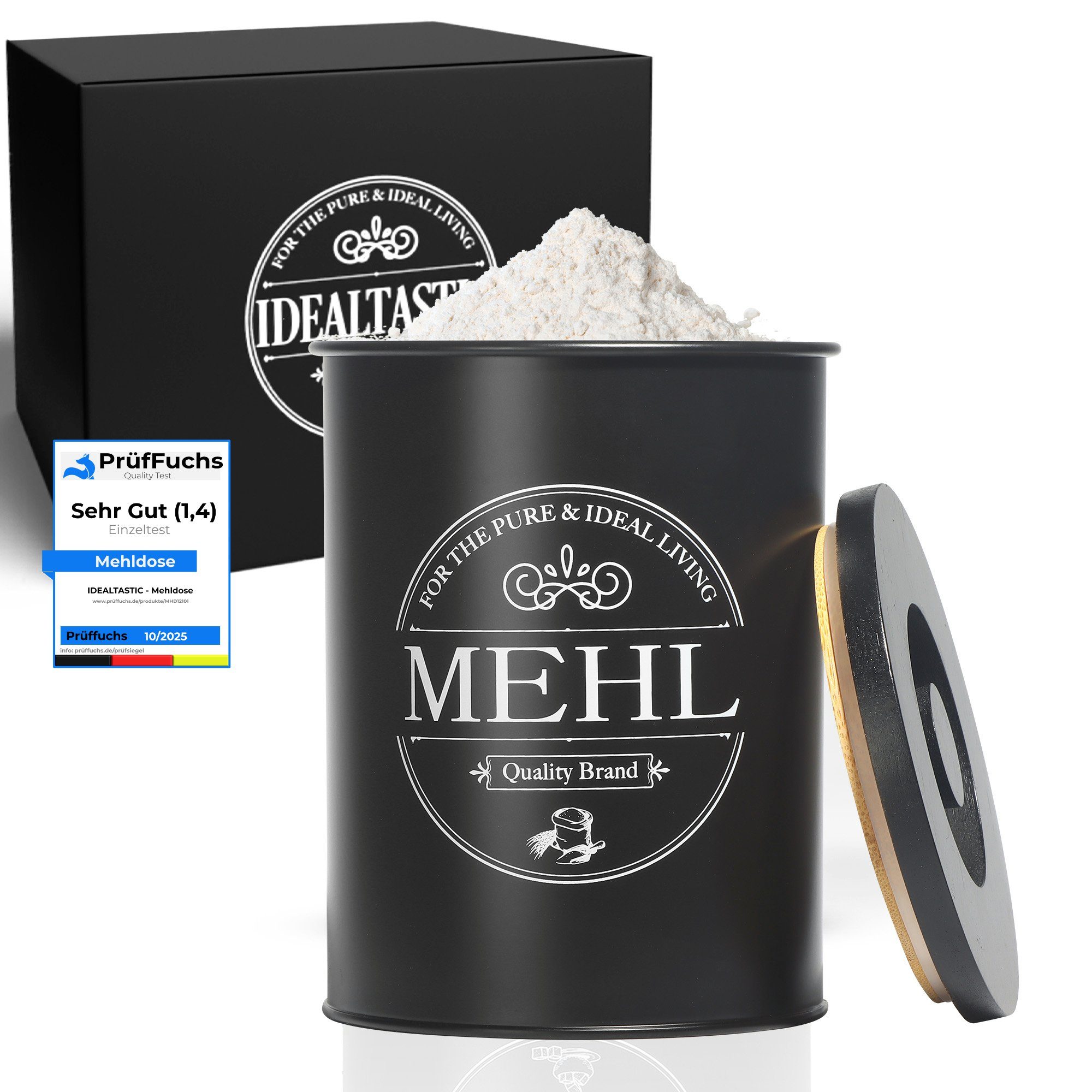 IDEALTASTIC Vorratsdose Premium Mehl Aufbewahrung schwarz, (Luftdichte Mehldose 500g für die Küche, Vorratsdose Mehl, 1x Mehldose 500g mit Deckel), Luftdichte Mehldose 500g aus Metall mit Bambusdeckel – stilvoll