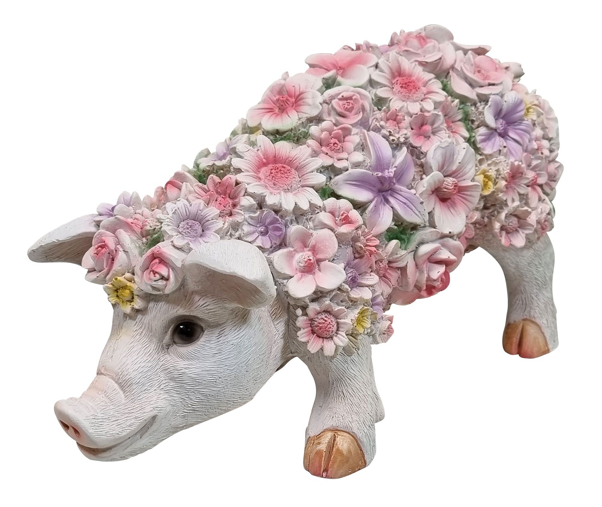 Fachhandel Plus Gartenfigur Schweinchen stehend mit Blumen, (1 St), handbemalt, lustige Tierfigur