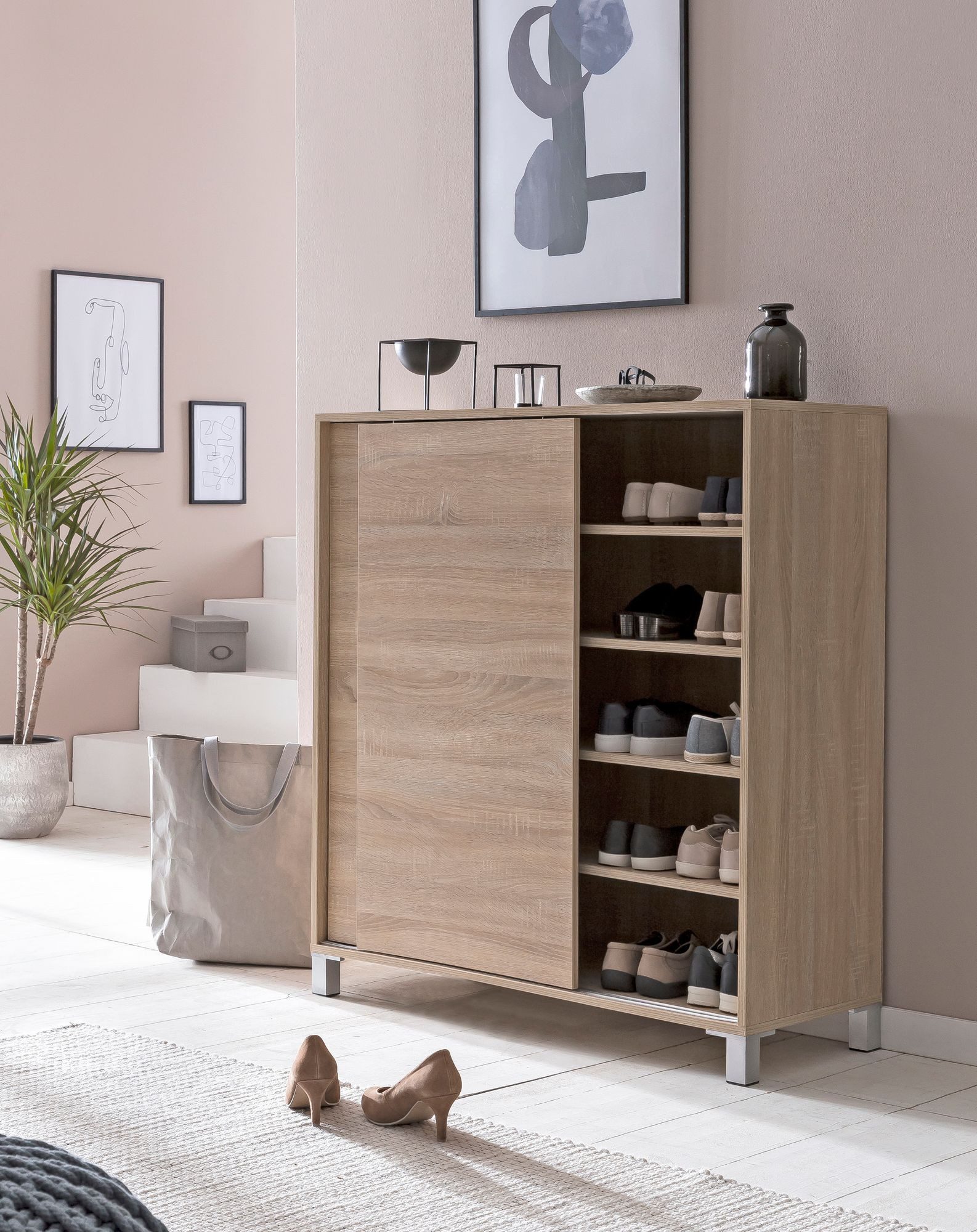 FINEBUY Schuhschrank SuVa13525_1 100cm für 20 Paar Schuhe Schuhregal mit Schiebetüren (Schuhschrank Holz Sonoma 100x108x37,5 cm Hoch) Schuhregal Flur 20 Paar Schuhe, Schuhablage Modern