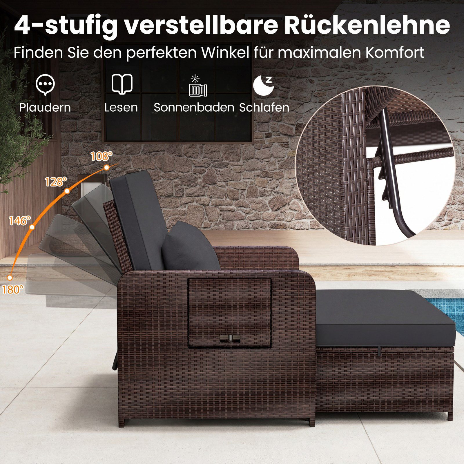 COSTWAY Loungebett, Rattan, 2-Personen, 3 in 1, mit verstellbarer Rückenlehne