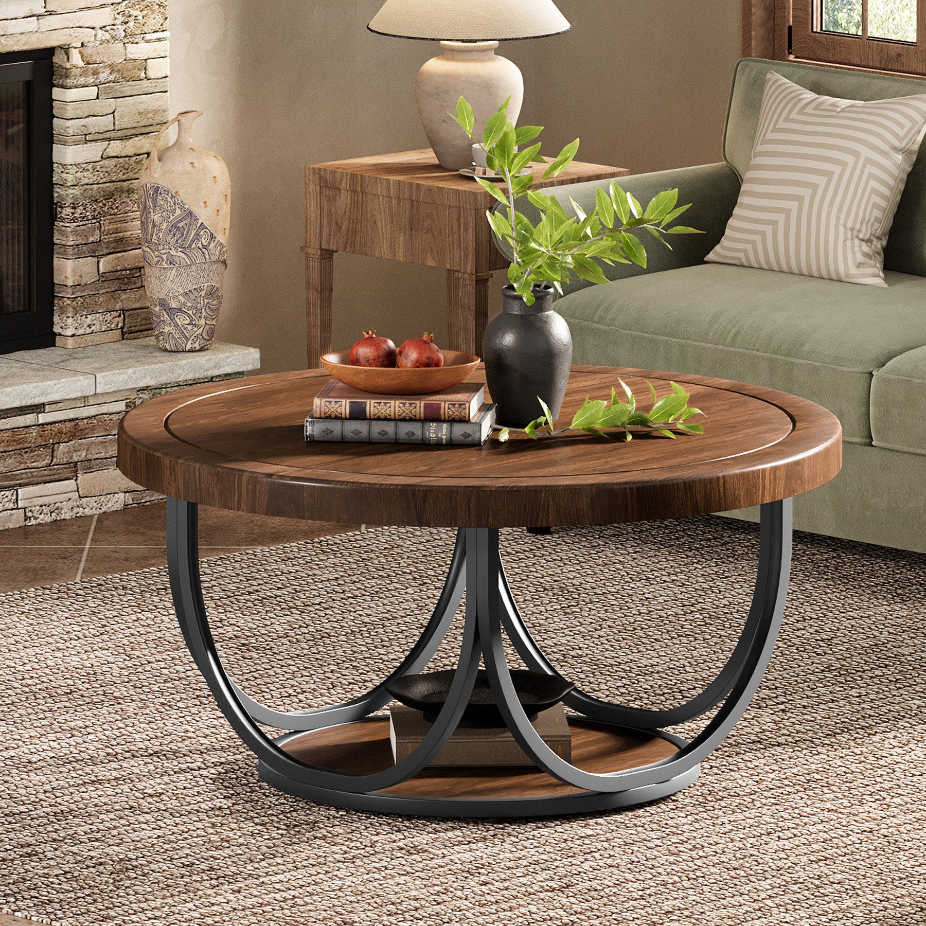 Tribesigns Couchtisch 80 cm runder Sofatisch mit 2 Ebenen, Wohnzimmertisch, Beistelltisch