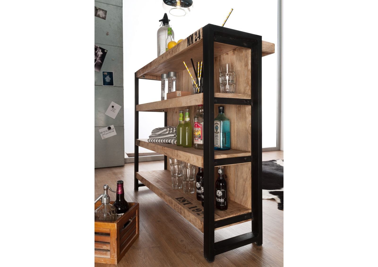 Massivmoebel24 Barschrank FACTORY (Bar Mango 120x45x100 natur bedruckt FACTORY #140) Bar Mango 120x45x100 natur bedruckt FACTORY #140
