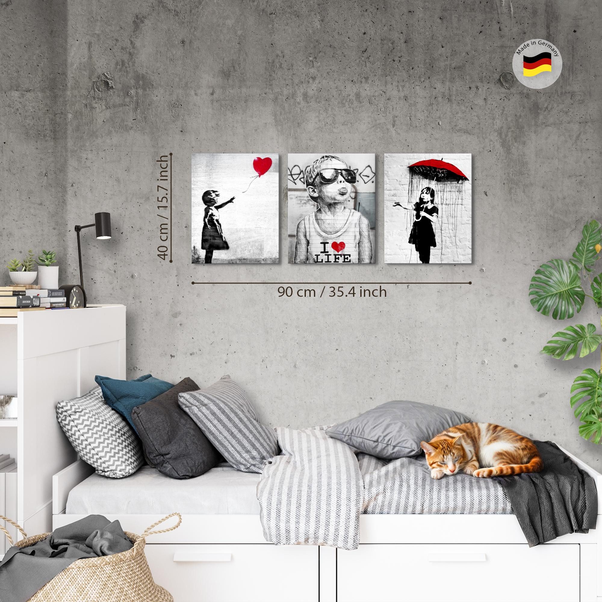 Novart Wandbild Wandbilder Set Banksy Style Collage - 3 Bilder Wohnzimmer Streetart, Kinder