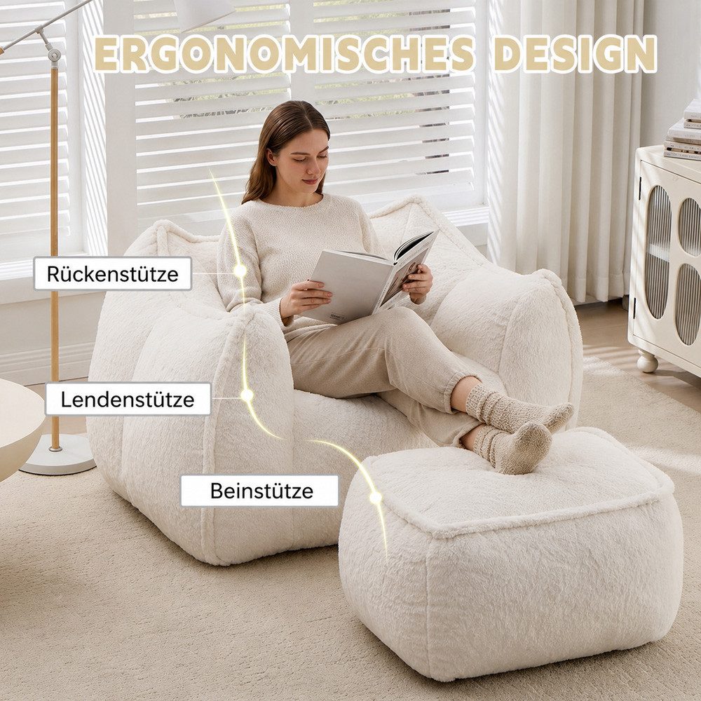 Leawin Relaxliege Sofas Wohnzimmer Loungesessel mit Hocker aus Kunstfell, Weicher Bean Bag Sessel mit Fußhocker und Schaumstofffüllung