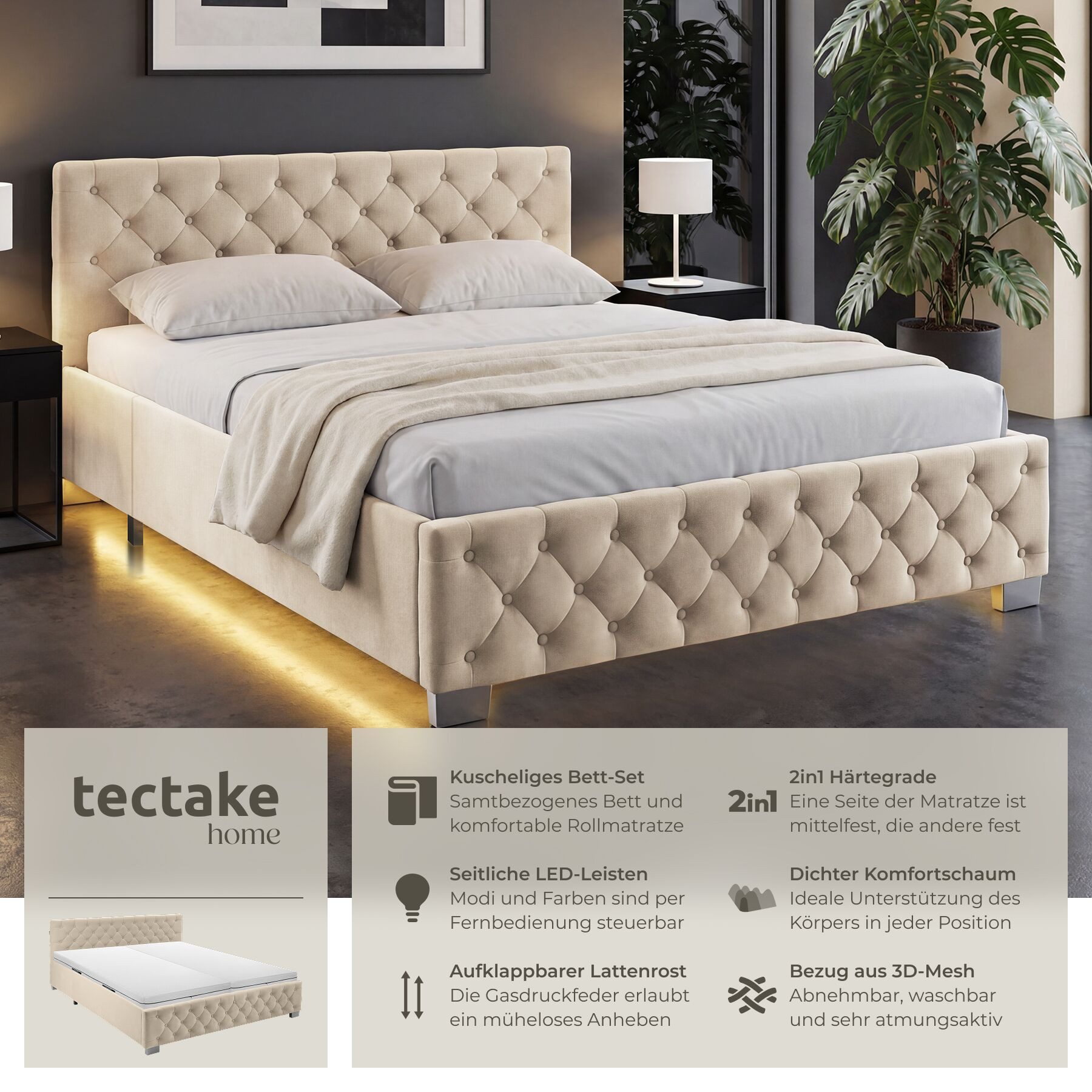 tectake Polsterbett Komfortbett mit LED-Leisten & Stauraum - Samtoptik mit Steppmuster (Bettset mit Matratze, in Samtoptik Sand), Matratze mit Komfortschaumkern – Bild 2 von 5