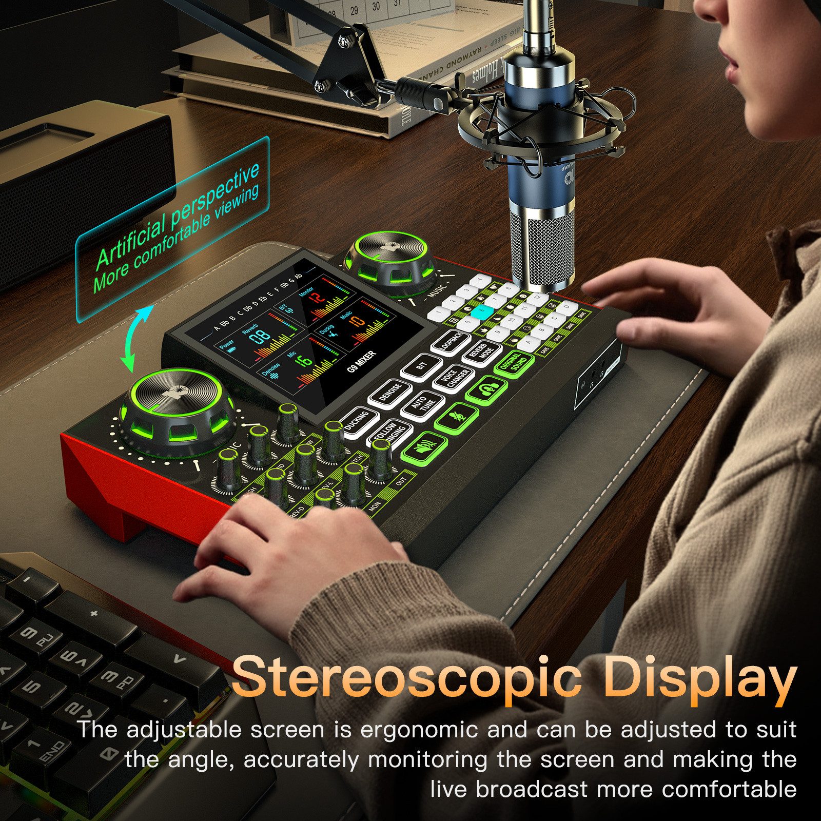 Tenlamp Podcast-Streaming-Set mit Mikrofon & Soundboard Soundkarte, USB-Plug-and-Play, Display, Stimmwechsel, Aufnahme, Hall