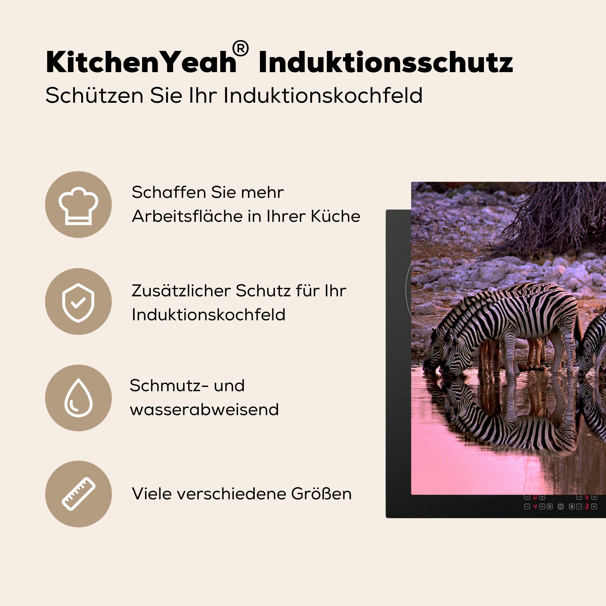 küche, Trinkende (1 Ceranfeldabdeckung tlg), MuchoWow Herdblende-/Abdeckplatte Vinyl, die 81x52 Induktionskochfeld Zebras, cm, Schutz für