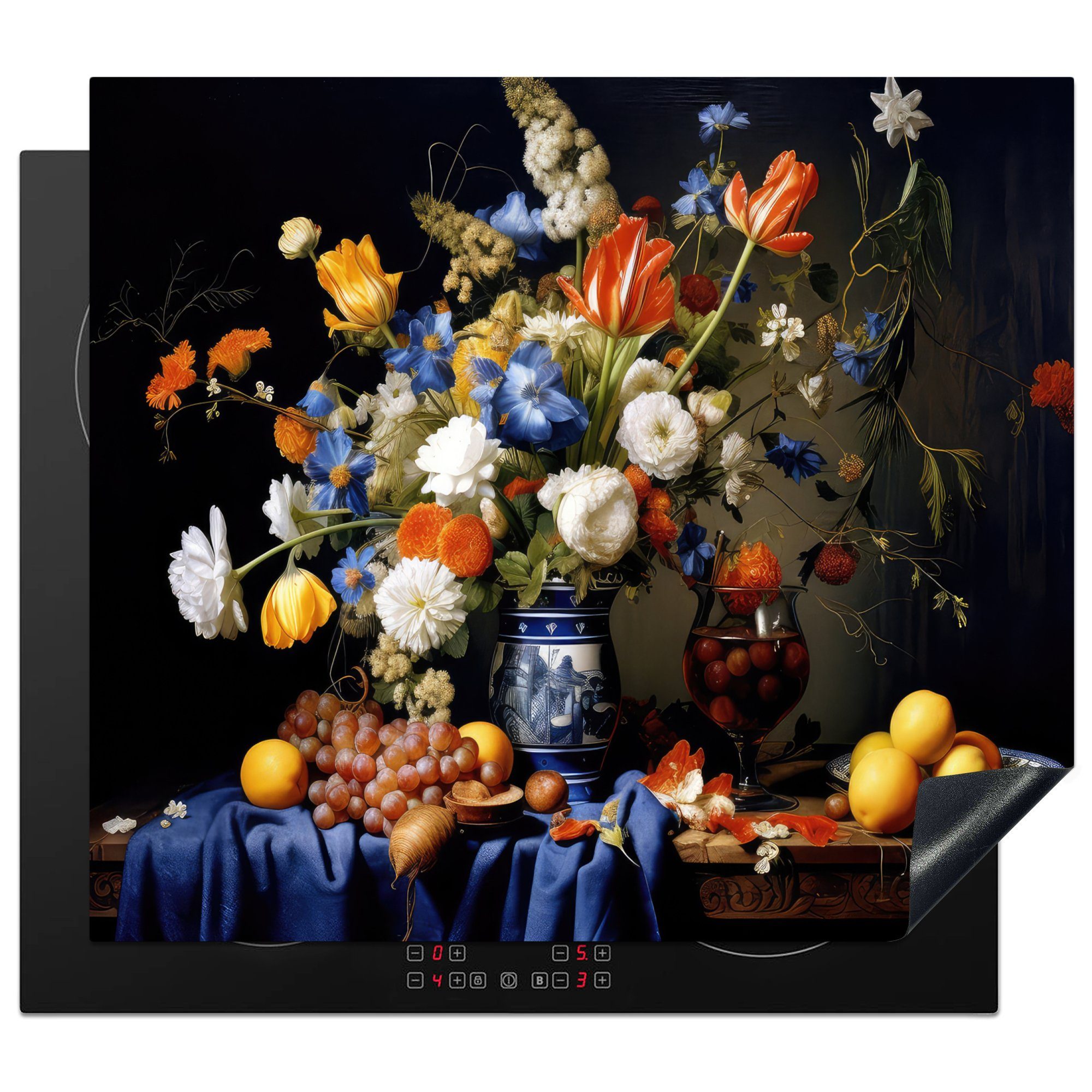 MuchoWow Herdblende-/Abdeckplatte Blumen - Obst - Stilleben - Niederländisch, Vinyl, (1 tlg), 60x52 cm, Mobile Arbeitsfläche nutzbar, Ceranfeldabdeckung