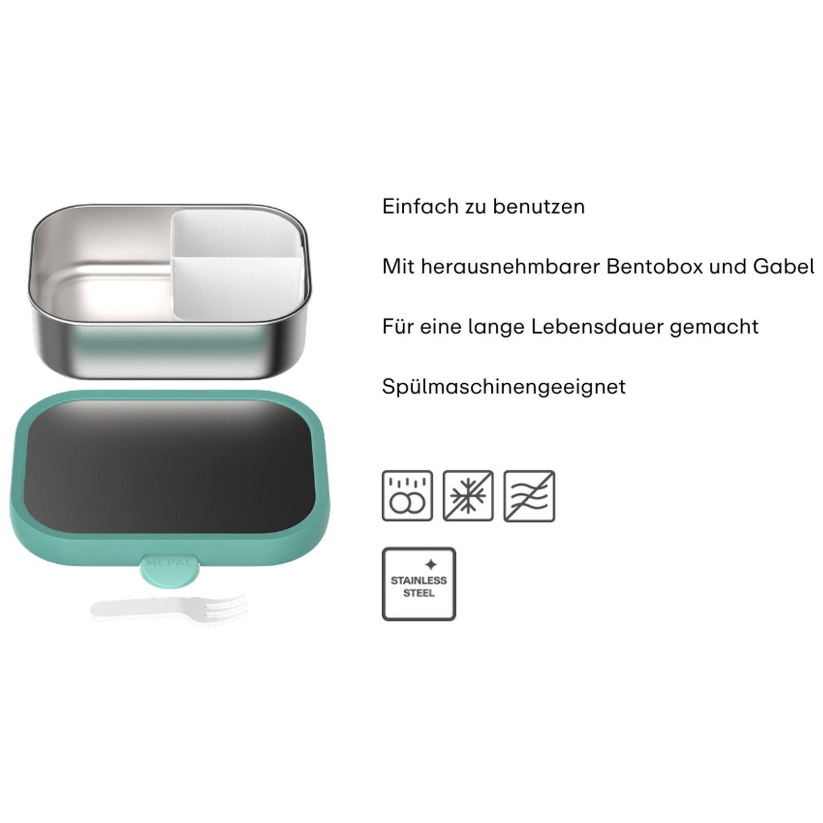 Mepal Lunchbox Campus Edelstahl-Brotdose mit Gabel 18 x 13 cm, Edelstahl/Kunststoff, (1-tlg), Spülmaschinenfest