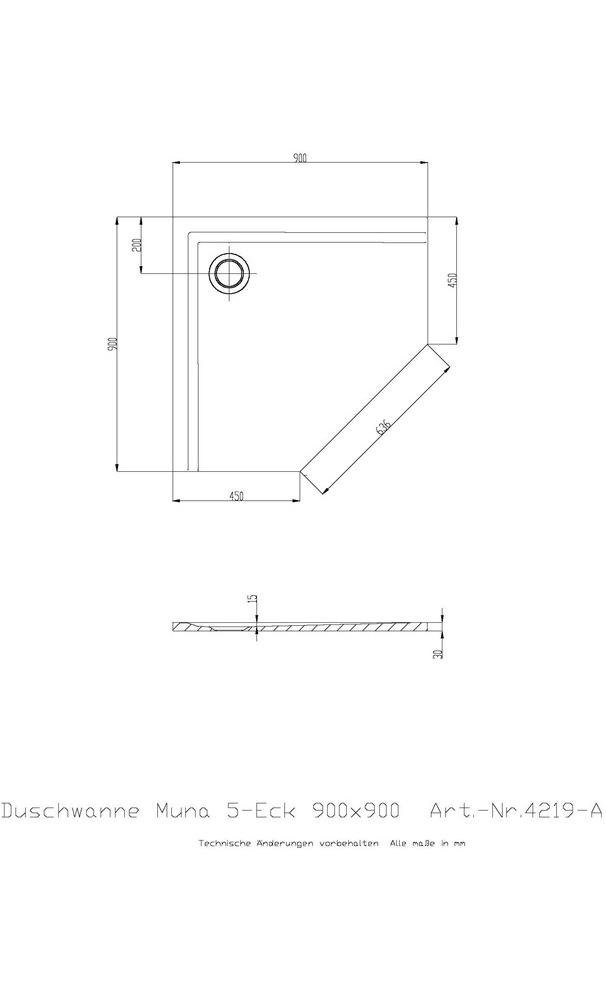 HOESCH Badewanne Fünfeck-Duschwanne MUNA ultraflach 900 x 900 x 30 mm weiß