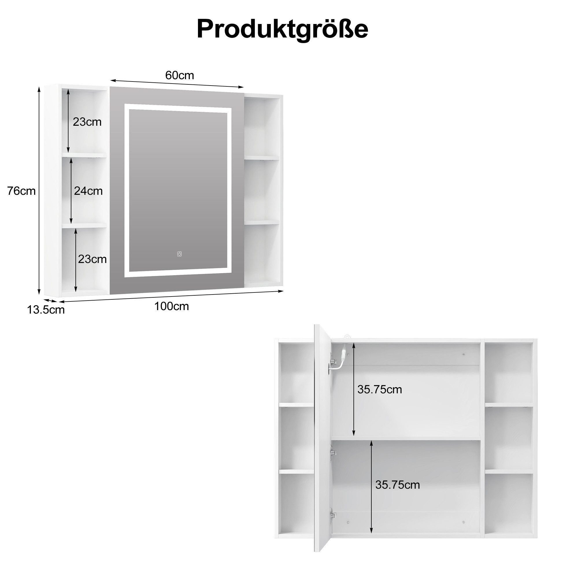 radelldar Badezimmerspiegelschrank mit LED-Beleuchtung & offenen Regalen, 100x76x13,5 cm, Weiß (1-St) Spiegelschrank mit Stauraum, 3 Farben, Dimmbar – Bild 2 von 5