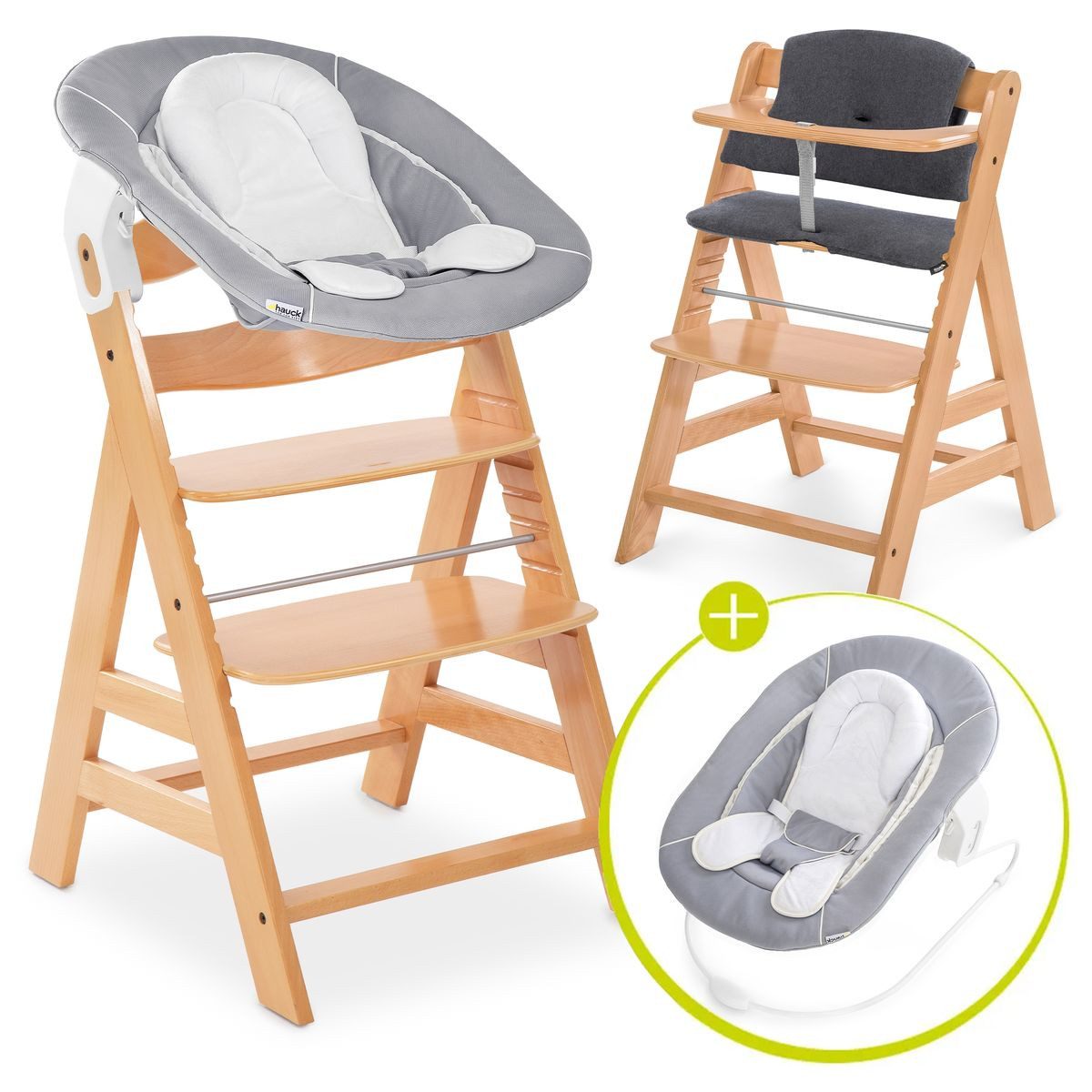 Hauck Hochstuhl Alpha Plus Newborn Set - Natur, Holz Babyhochstuhl ab Geburt inkl. Neugeborenenaufsatz & Sitzauflage