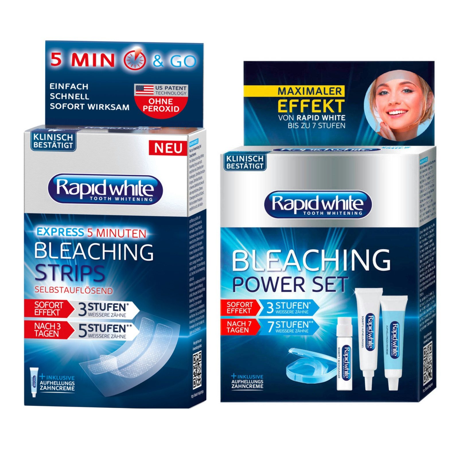 Rapid white Zahnbleaching-Kit Zahnaufhellung Express Bleaching Strips Set + Bleaching Power Set