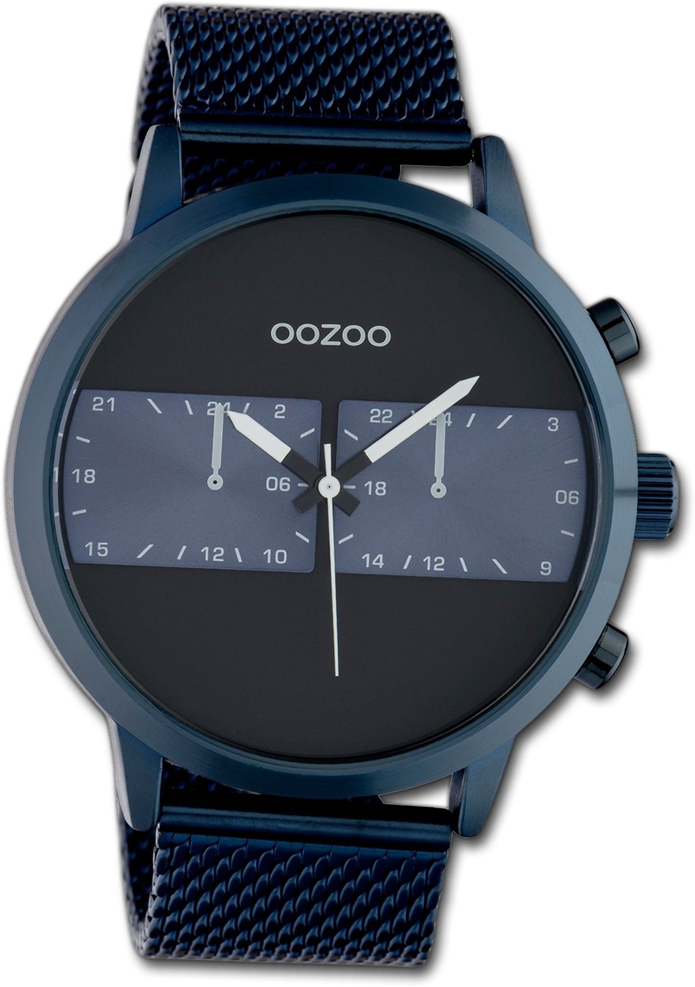 OOZOO Quarzuhr Oozoo Edelstahl Herren Uhr C10511, Herrenuhr Edelstahlarmband blau, rundes Gehäuse, extra groß (ca. 50mm) | Quarzuhren