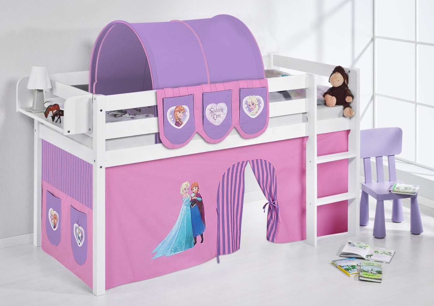 Lilokids Prinzessinbett Hochbett JELLE mit Vorhang FROZEN Eiskönigin Anna & Elsa 200x90 cm