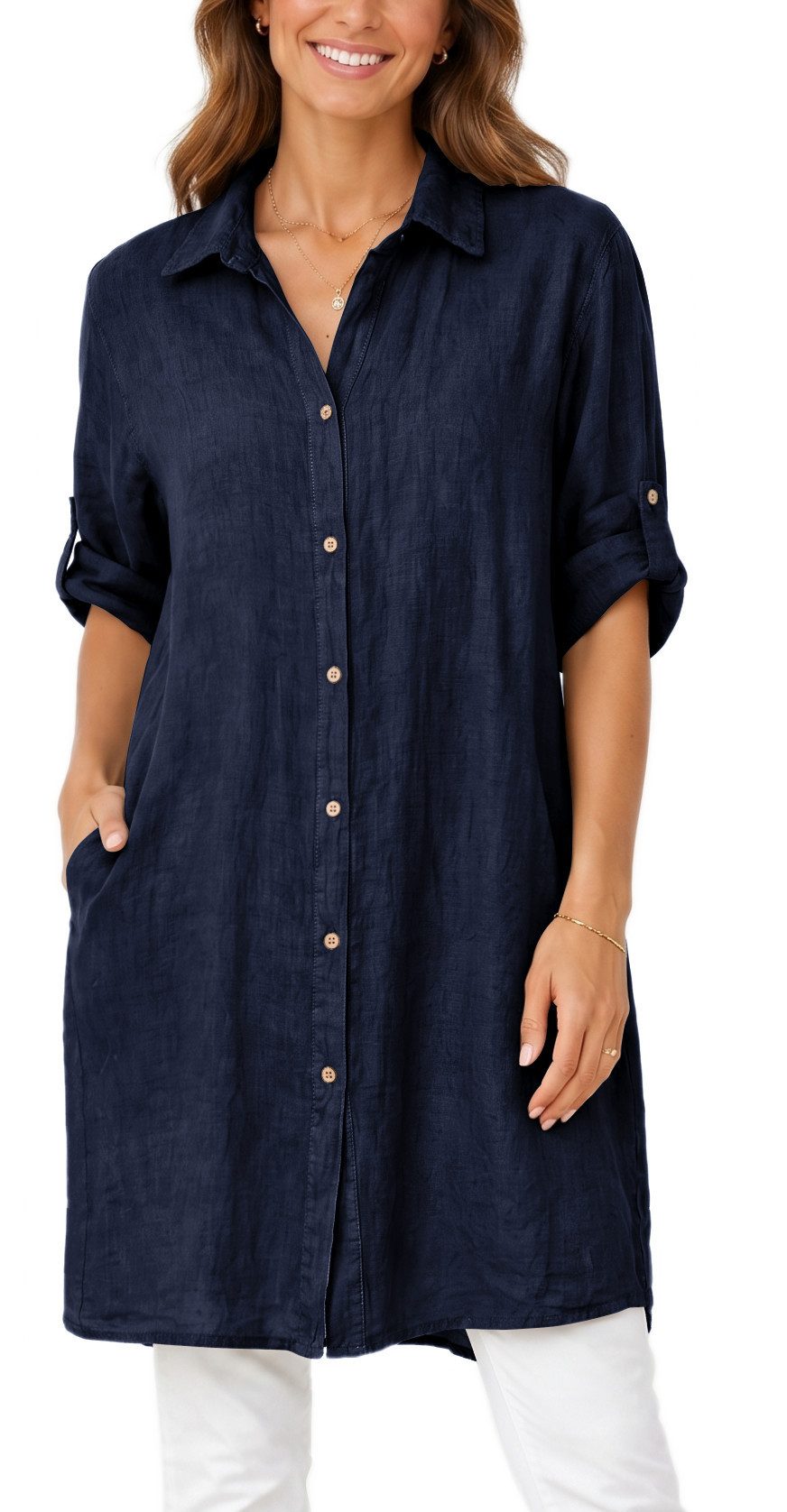 dy_mode Longbluse Damen Leinen Longbluse Sommer Hemdbluse Blusenkleid Luftige Tunika in Unifarbe, mit Knopfleiste