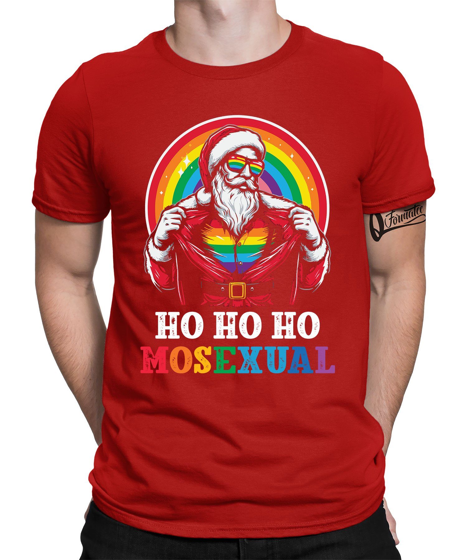 Quattro Formatee Kurzarmshirt LGBT Gay Regenbogen Weihnachtsmann Christmas - Weihnachten X-mas Weihn (1-tlg) Rot