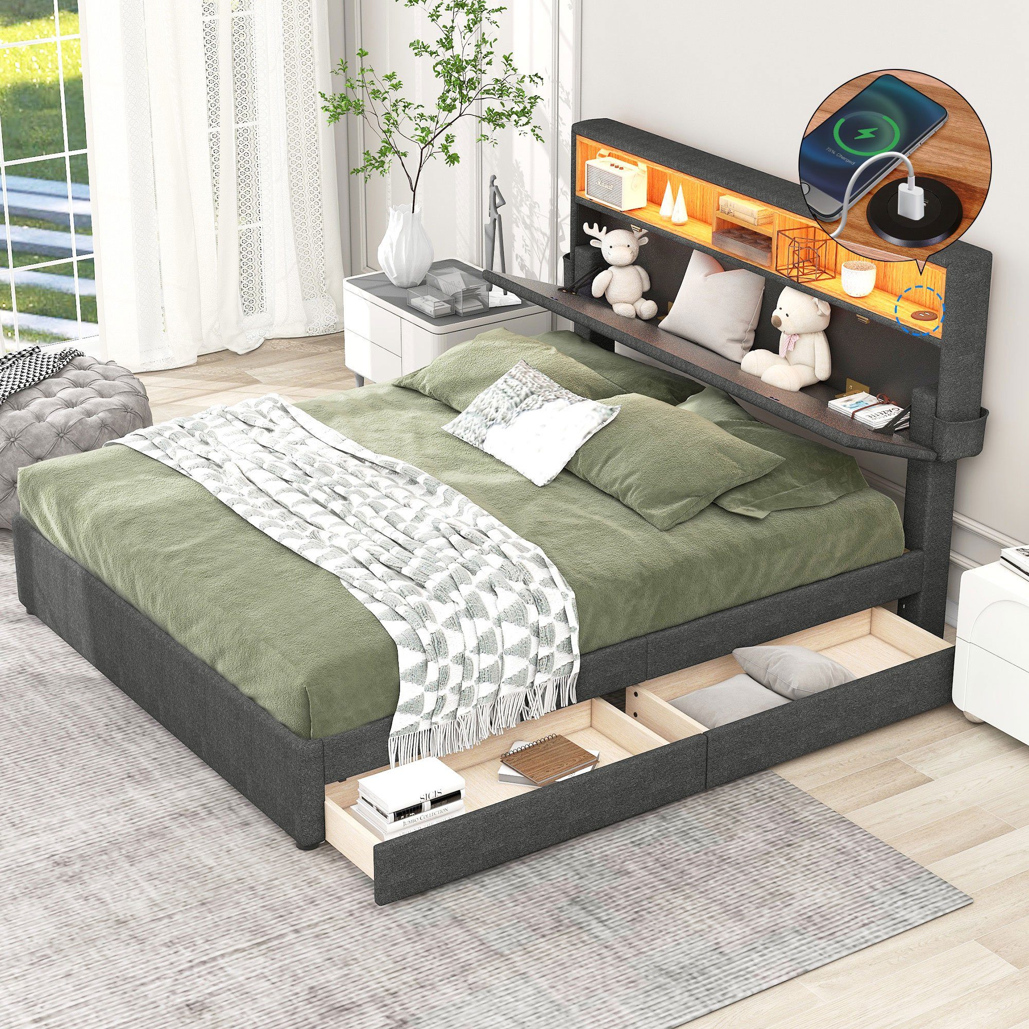 OKWISH Polsterbett Doppelbett Stauraumbett mit Lattenrost günstig online kaufen