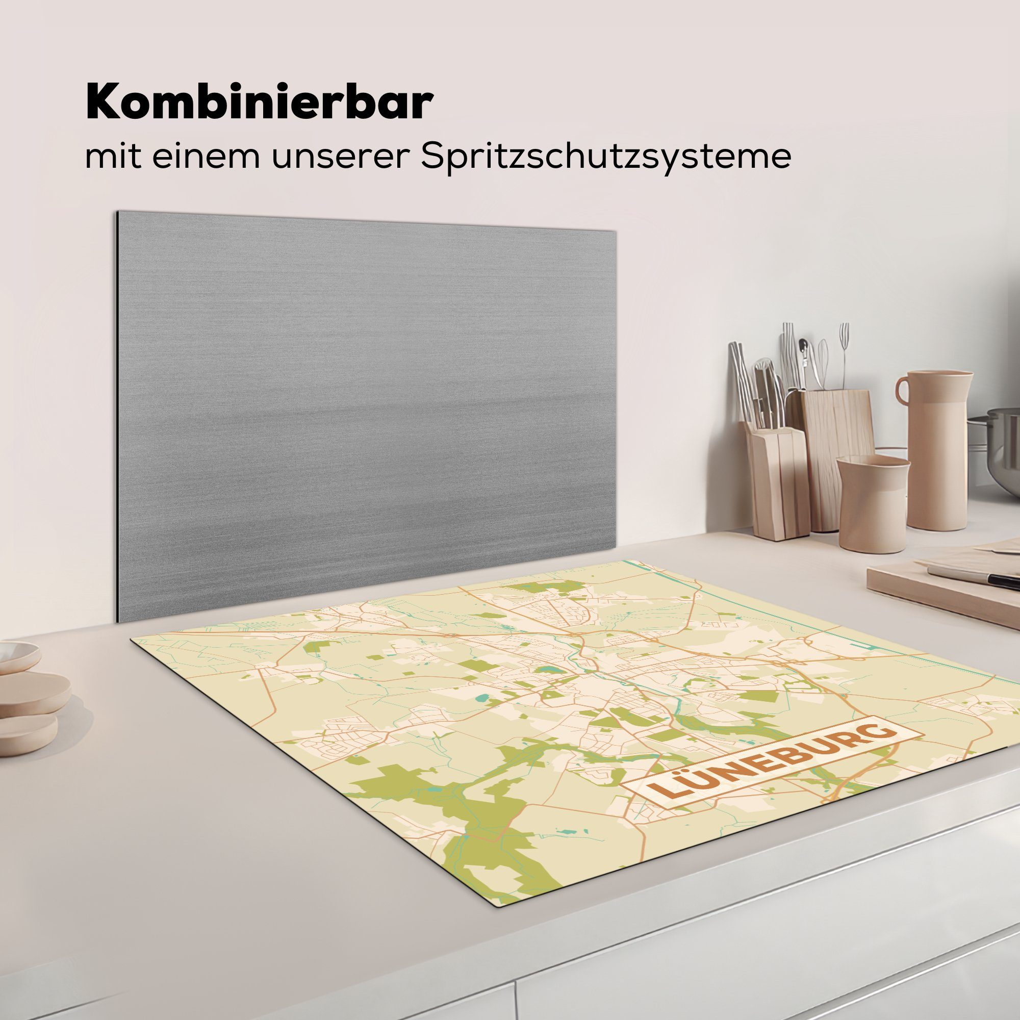 Vintage küche 78x78 Stadtplan, - Vinyl, Arbeitsplatte tlg), - für cm, Lüneburg (1 Herdblende-/Abdeckplatte Karte Ceranfeldabdeckung, - MuchoWow