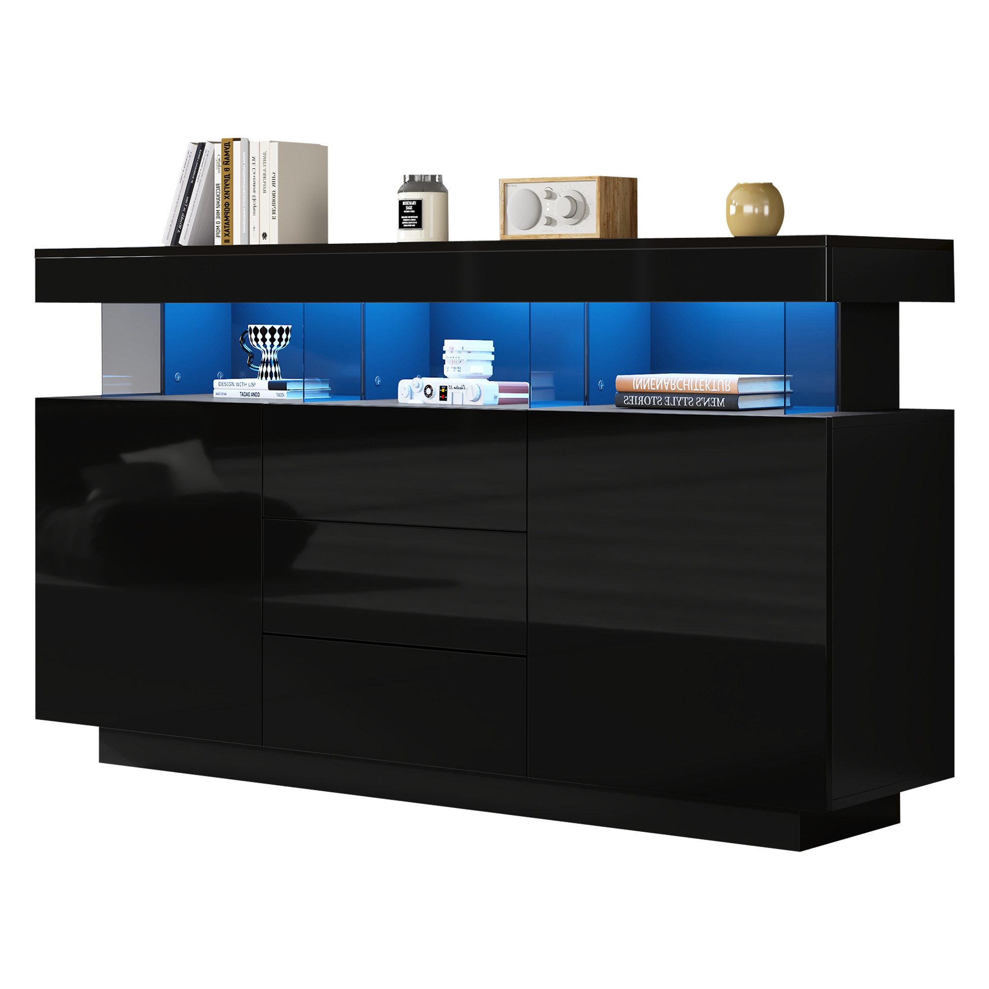 Merax Sideboard Hochglanz mit LED, Mehrzweckschrank aus Spanplatte & Acryl (1 St), Kommode mit 3 Schubladen und 2 Türen, Schrank Vitrine 140x35x80cm