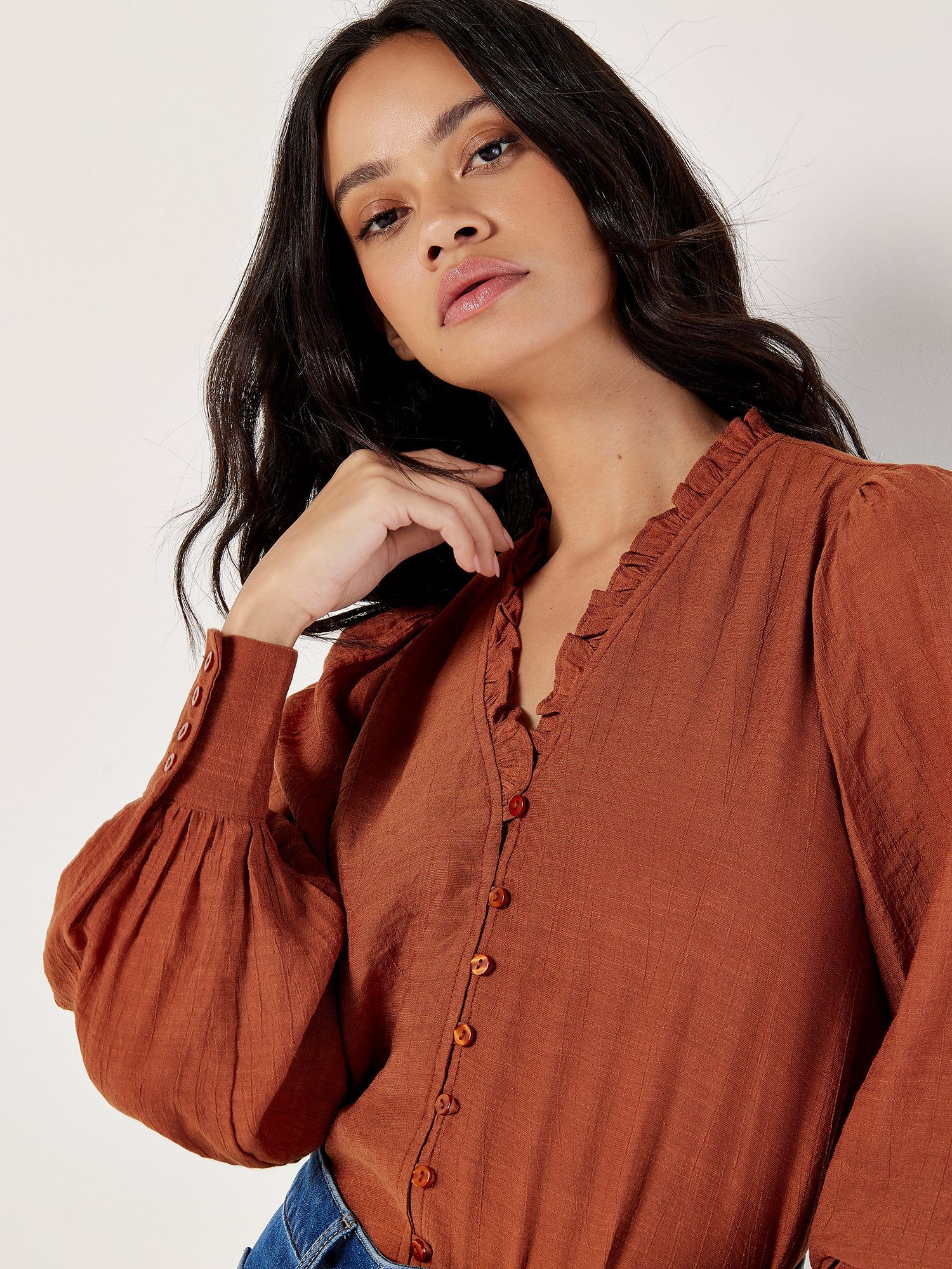 Apricot Blusenshirt in Unifarben mit Rüschen günstig online kaufen