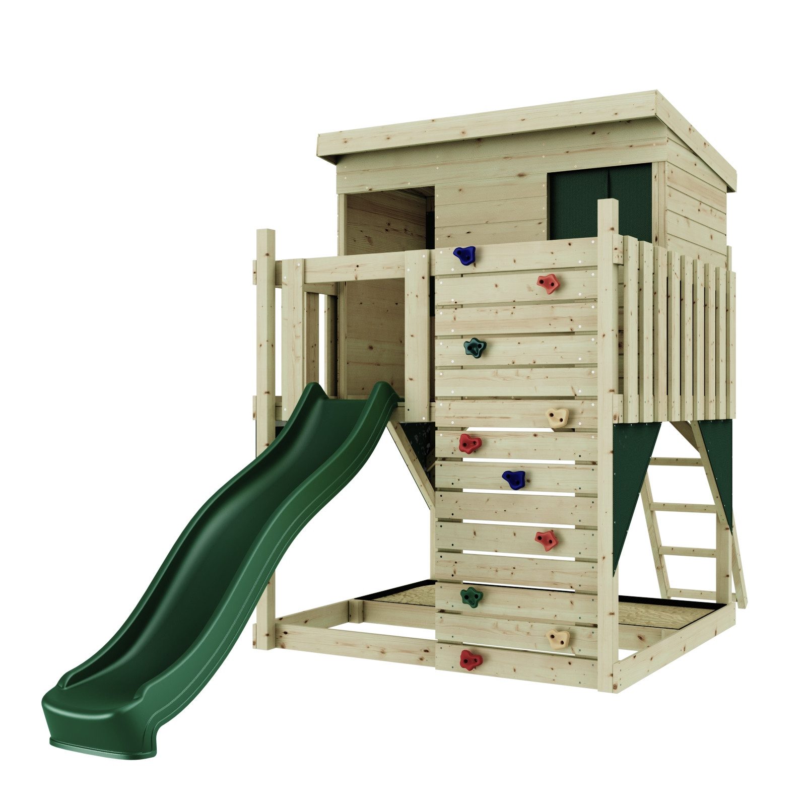 OutdoorToys Spielturm Stelzenhaus Polarstern aus Holz in Dunkelgrün mit Rutsche, Kletterwand, aus Holz in Dunkelgrün mit Rutsche, Kletterwand