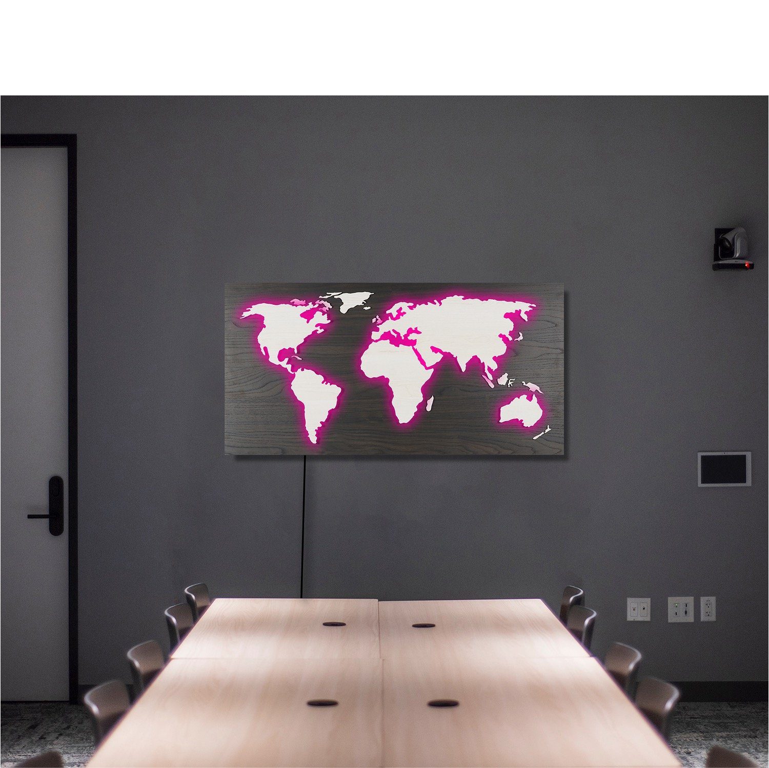 ZENLED Wanddekoobjekt Weltkarte MAPPA LUX HOLZ-Optik 110x57cm - Rustikale Deko 3D-Lichtbild, Kontinente umleuchtet mit bunt steuerbaren RGB LEDs über Fernbedienung Rückplatte Walnuss Schwarz, Länder Ahorn Weiss