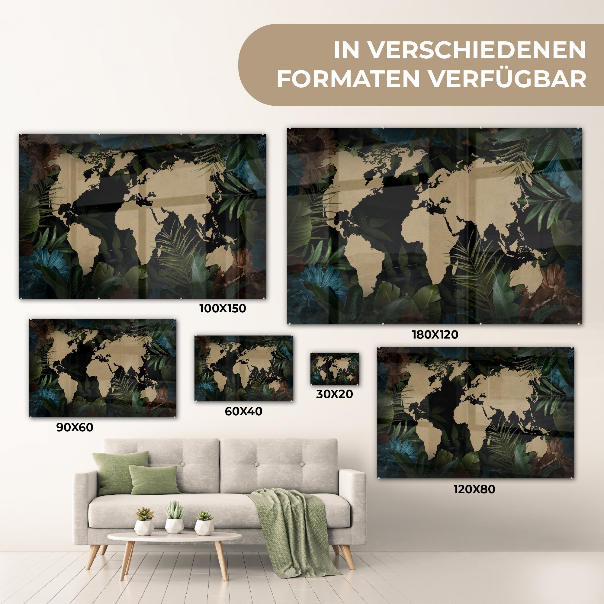 MuchoWow Acrylglasbild Weltkarte Wandbild auf Wanddekoration - (1 Bilder Foto - Tropische Pflanzen Glas St), Glas - auf - - Glasbilder Blätter