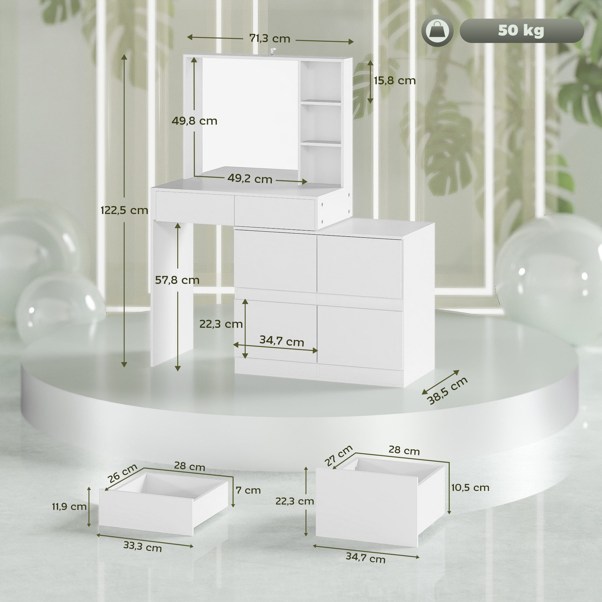 HOMCOM Schminktisch Make-up-Tisch mit großem Spiegel (4 Schubladen, 1-St., 3 offene Fächer), MDF, Weiß