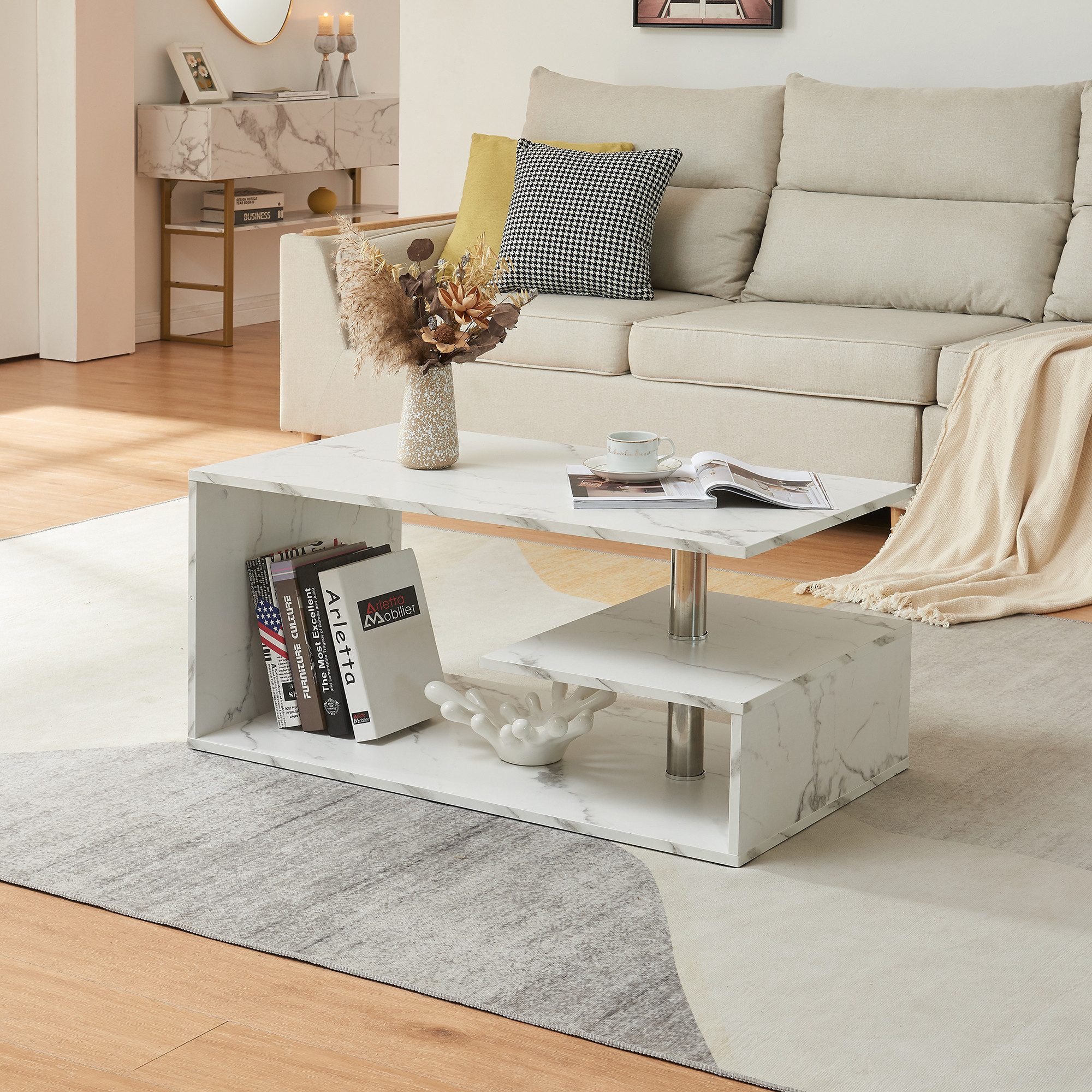 en.casa Couchtisch, »Haarlem« 90 x 50 x 41 cm Marmoroptik, weiß günstig online kaufen