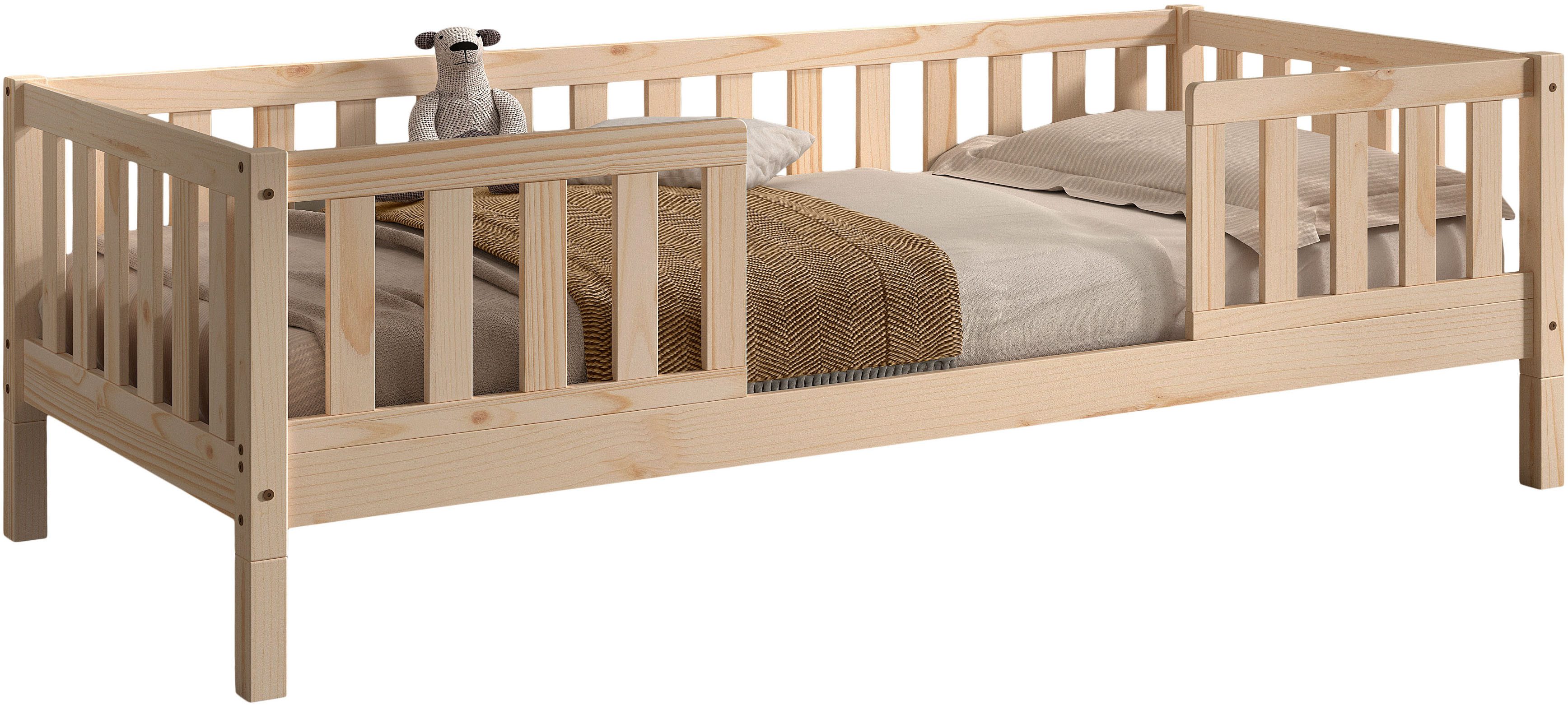 Vipack Daybett Dallas Massiv Bett mit Rausfallschutz umbaubar vom Boden- zum Daybett, mit Bettschublade, wahlweise Kiefer massiv natur oder weiß