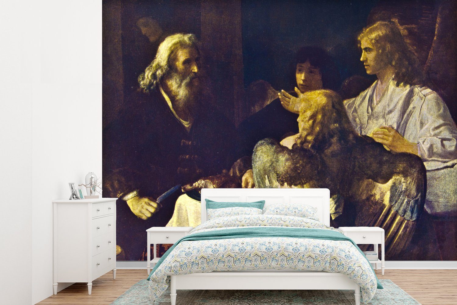 MuchoWow Fototapete Abraham und die Engel - Rembrandt van Rijn, Matt, bedruckt, (6 St), Montagefertig Vinyl Tapete für Wohnzimmer, Wandtapete