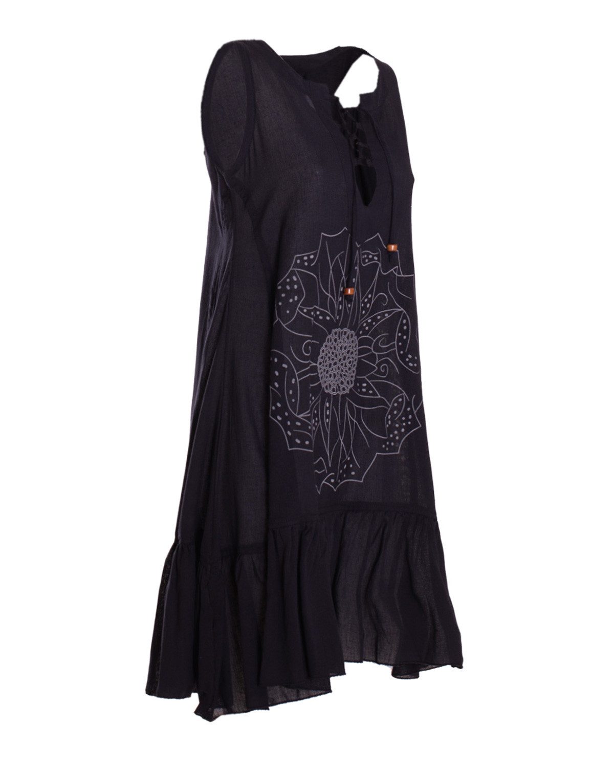 Vishes Tunikakleid Damen Hängerkleid Baumwolle Blumen Lagenlook mit Schnüren Holzperlen Alternative Bekleidung, Ethno, Hippie, Retro Style – Bild 4 von 4