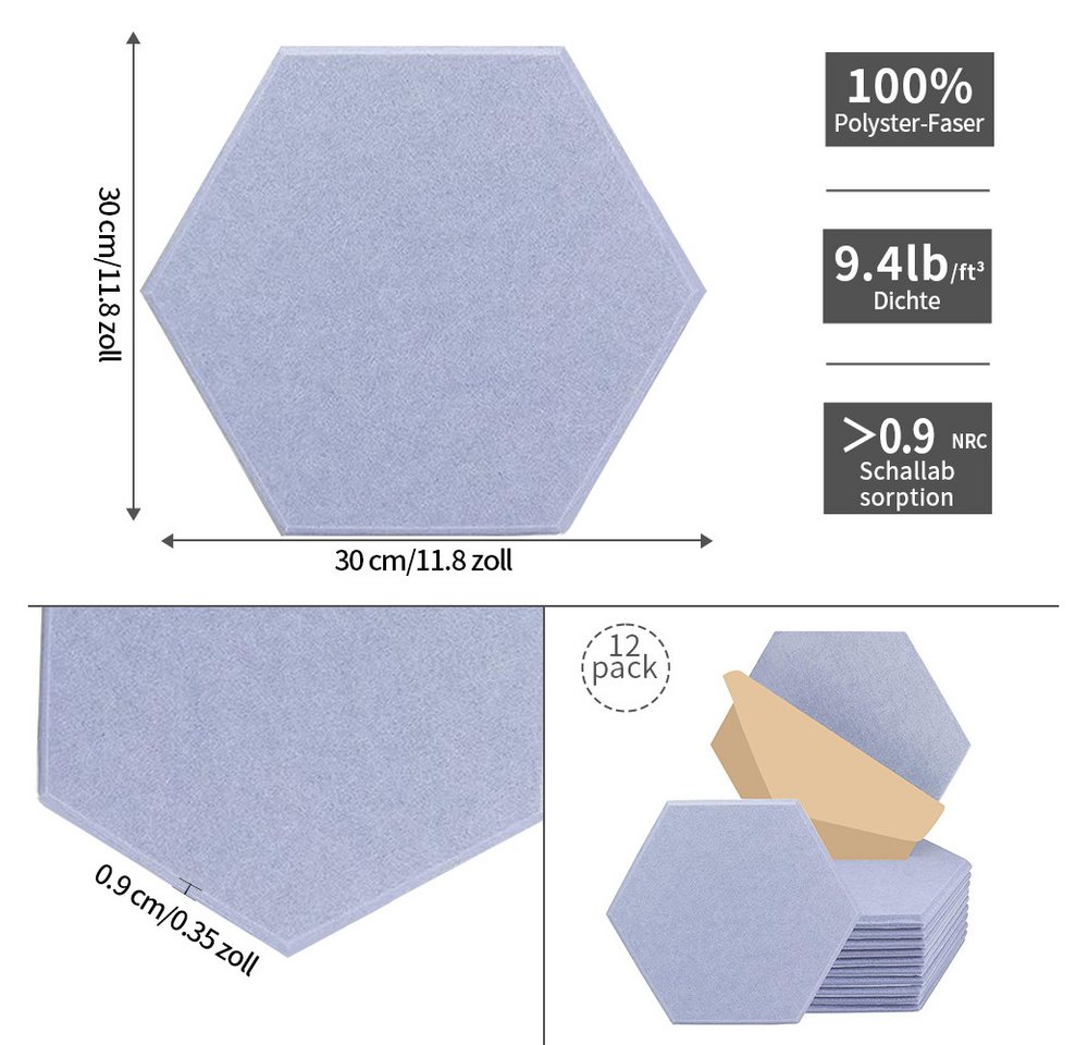 Thumbnail - PFCTART Schallschutzpaneel Sechseckige akustische Absorptionsplatte aus Polyesterfaserfilz, (12 Stück 30*30*0.9cm) Kann ...