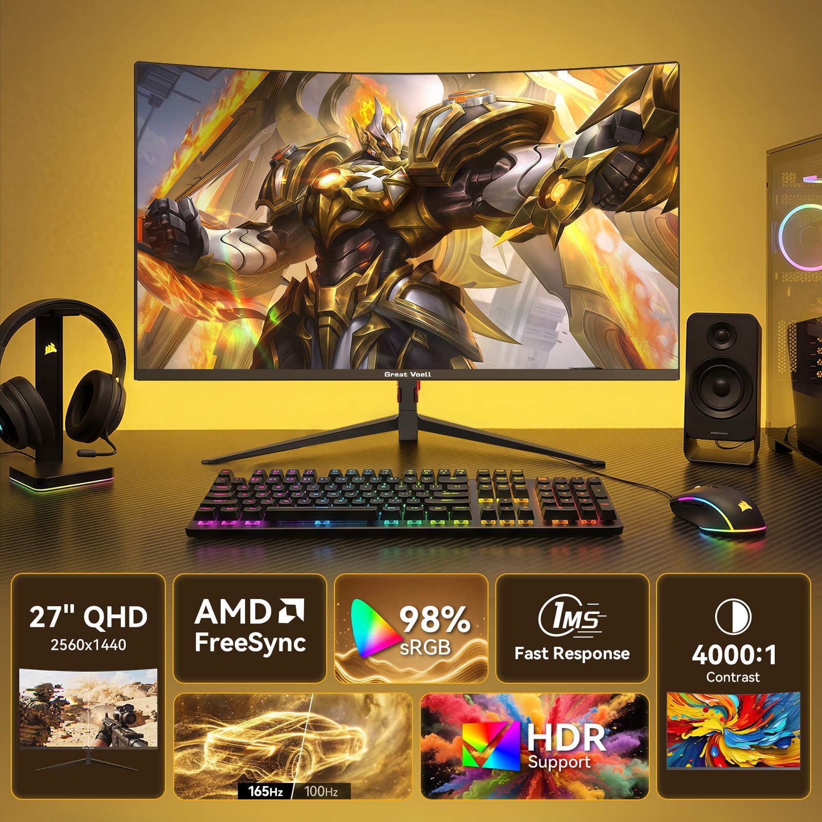 Great Voell 27 Zoll QHD 2K, 1800R, 165Hz, Rahmenlos Curved-Gaming-Monitor (69 cm/27 ", 2560 x 1440 px, QHD, 1 ms Reaktionszeit, 165 Hz, VA LED, HDR, FreeSync, VESA, HDMI & DP, 1440px, 165Hz, 2K)