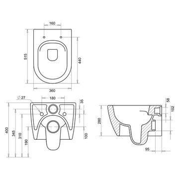 Aloni Tiefspül-WC A55-RIM-AL5513+AL0411, Spülrandloses Wand Hänge WC Spülrandlos Toilette Normal WC +