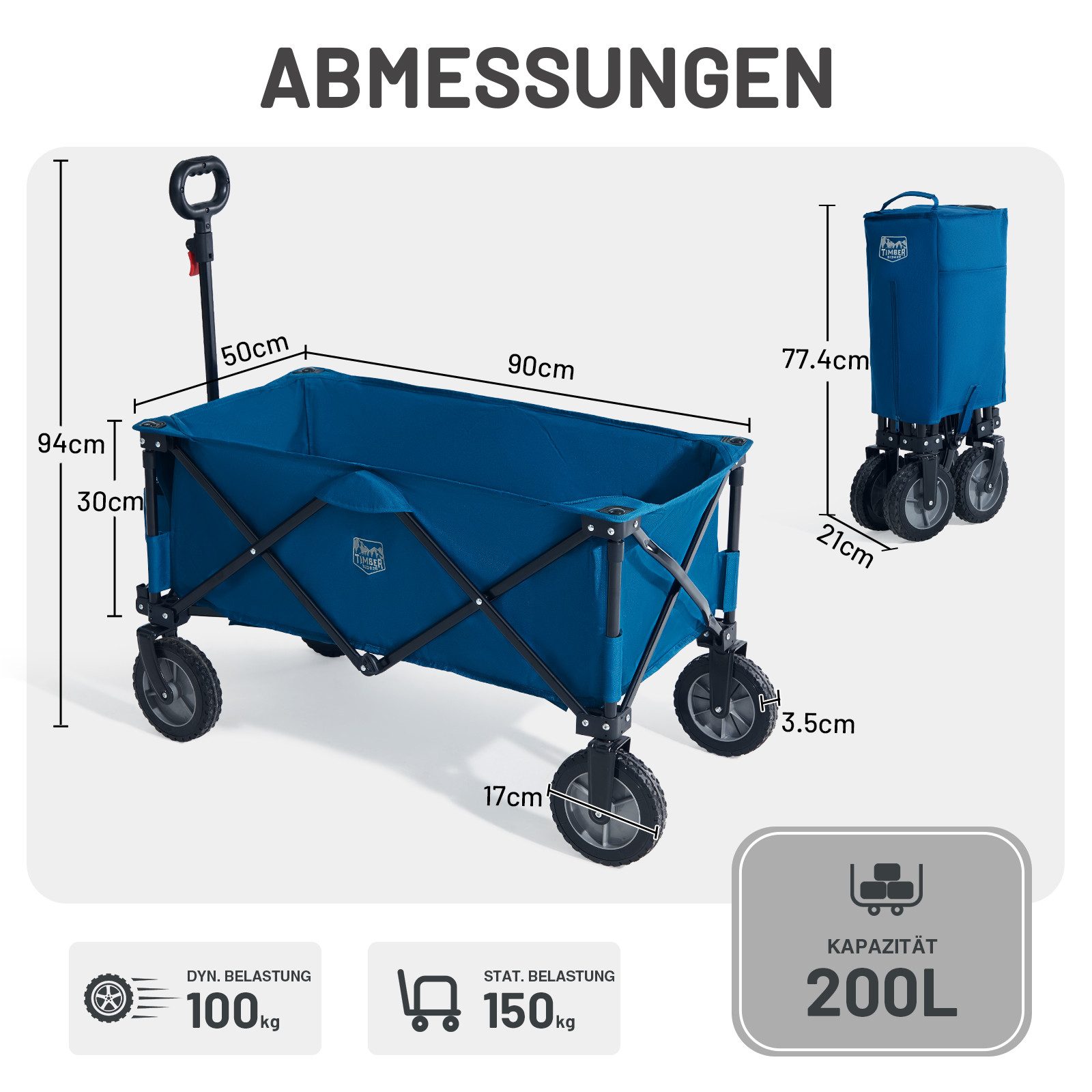 TIMBER RIDGE Bollerwagen Faltbar XXL mit Seitentasche für alle Gelände, 100kg tragbar (1-tlg), mit einziehbarem Griff und 360°-Räder