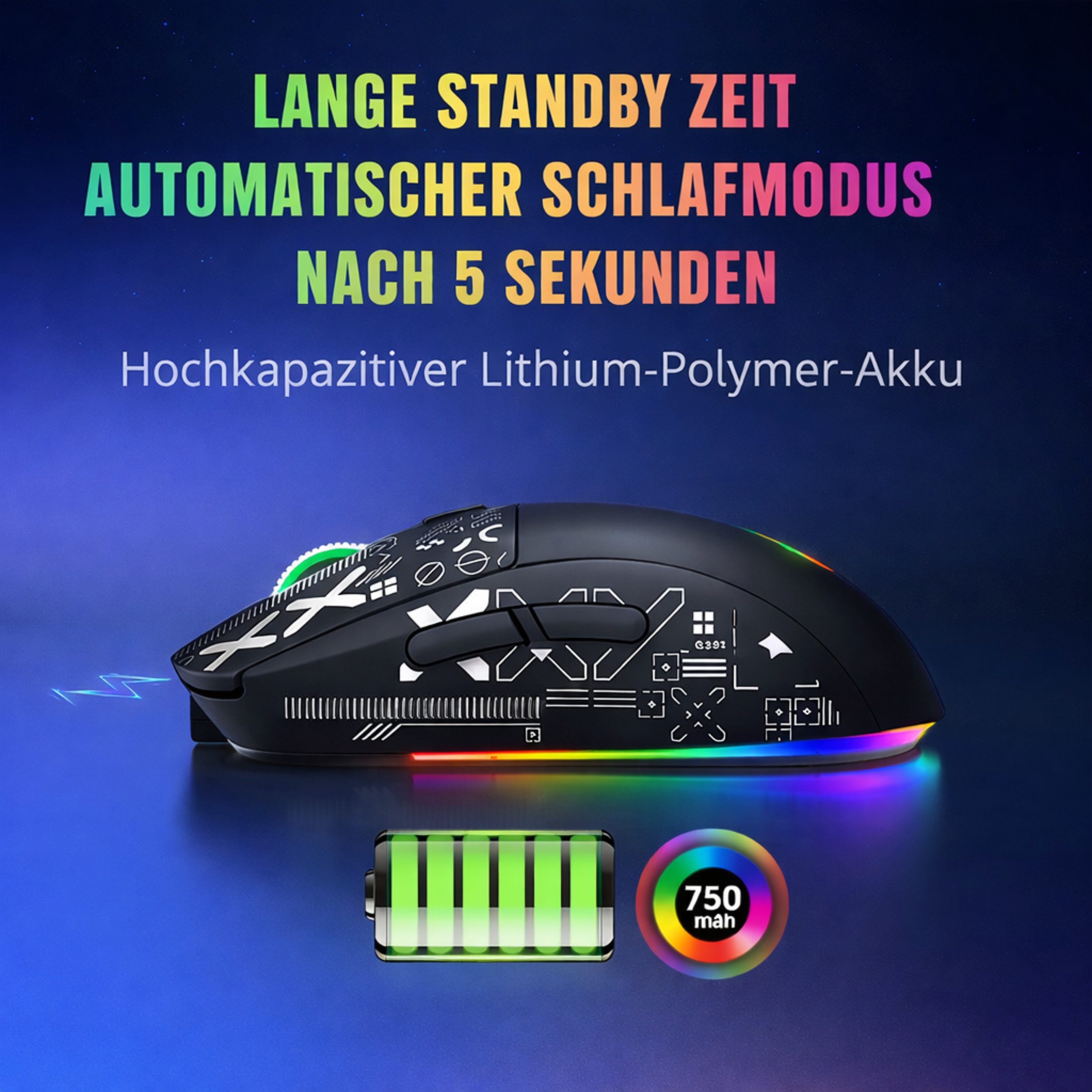 RUHE RGB Gaming Maus Kabellos Wireless Leise Maus Beleuchtung Plug & Play Gaming-Maus (Bluetooth, Funk, kabelgebunden, 3 Geräte Verbindung, Drahtlos, Optische M – Bild 5 von 5