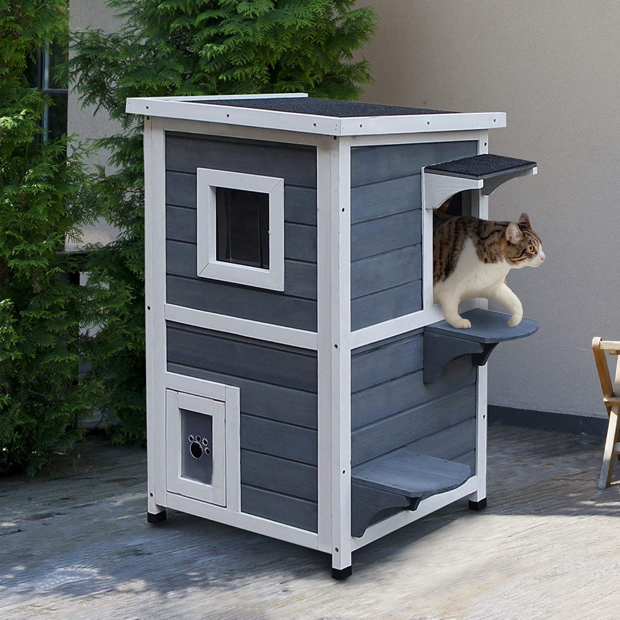 PawHut Tierhöhle Katzenvilla mit Treppen, Asphaltdach, günstig online kaufen