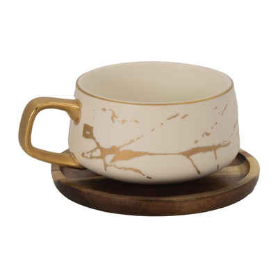 Intirilife Tasse, Keramik, Kaffeetasse, Teetasse mit Holz Untersetzer Becher
