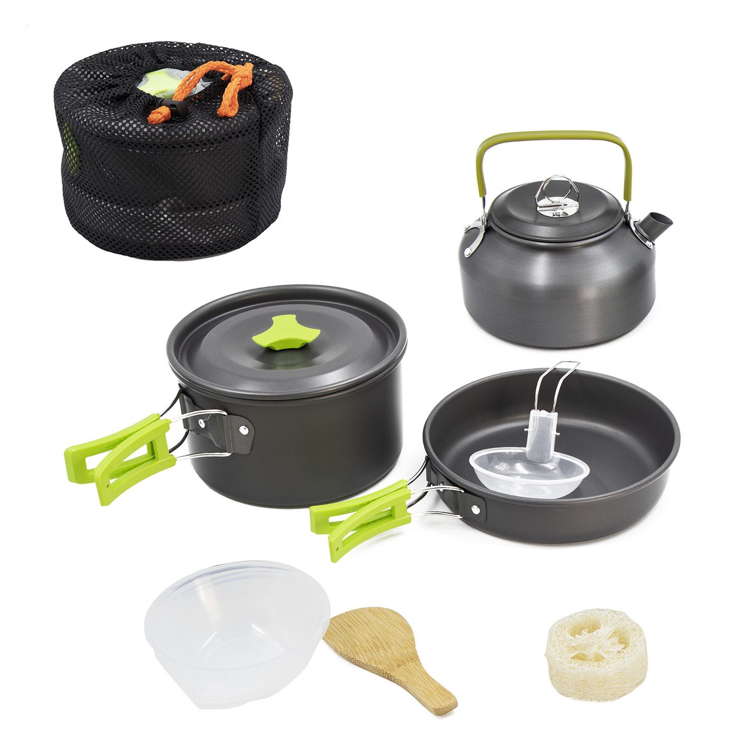 KVOTA Topf-Set Outdoor Koch Geschirr-Set Faltbare Griffe Alu Campingkochgeschir, Alu (Camping-Geschirr, 9-tlg., Töpfe,Wasserkocher, Kelle, Teller, Schwamm), Aluminium, Isolierte Griffe, Kompakte Größe