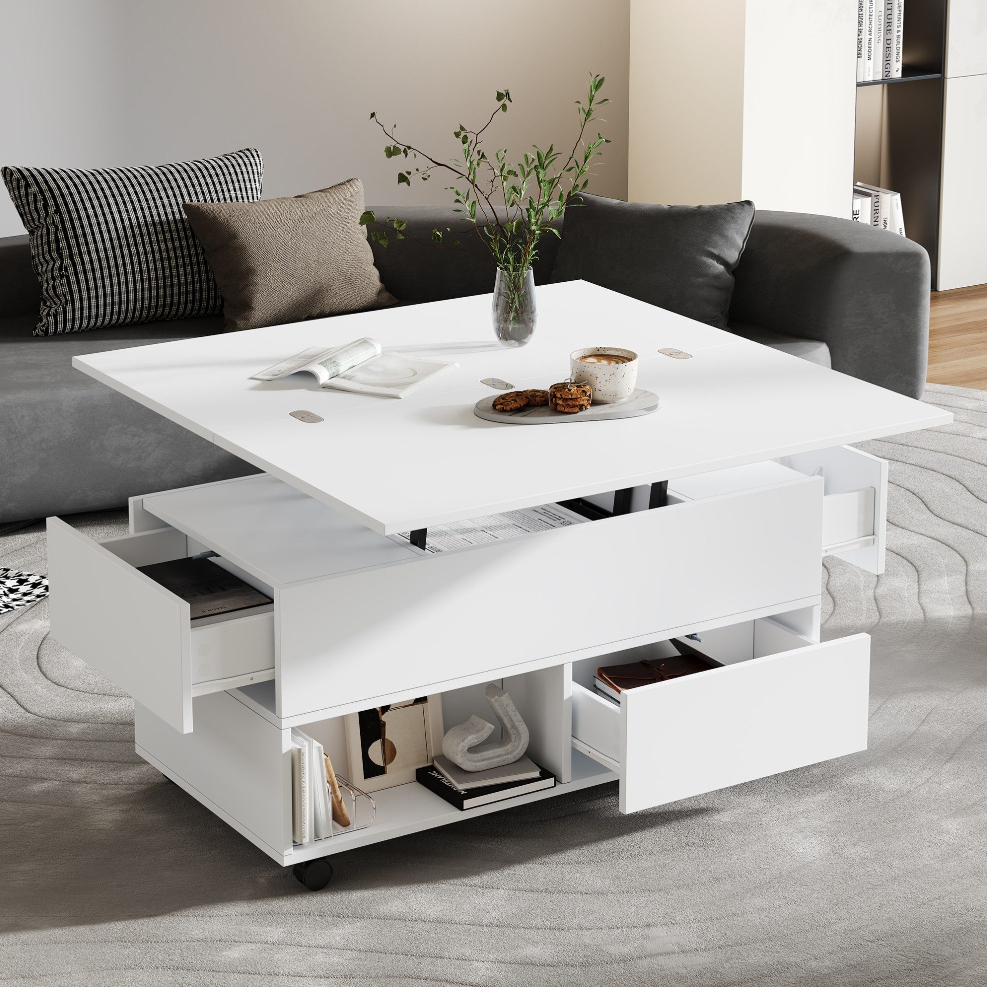MODFU Couchtisch Multifunktionstisch mit 4 Schubladen & Rollen (Packung, 1-St., Weiß, 100×50×52 cm, für Wohnzimmer & Homeoffice), höhenverstellbar, 50 kg Tragkraft, Spanplatte