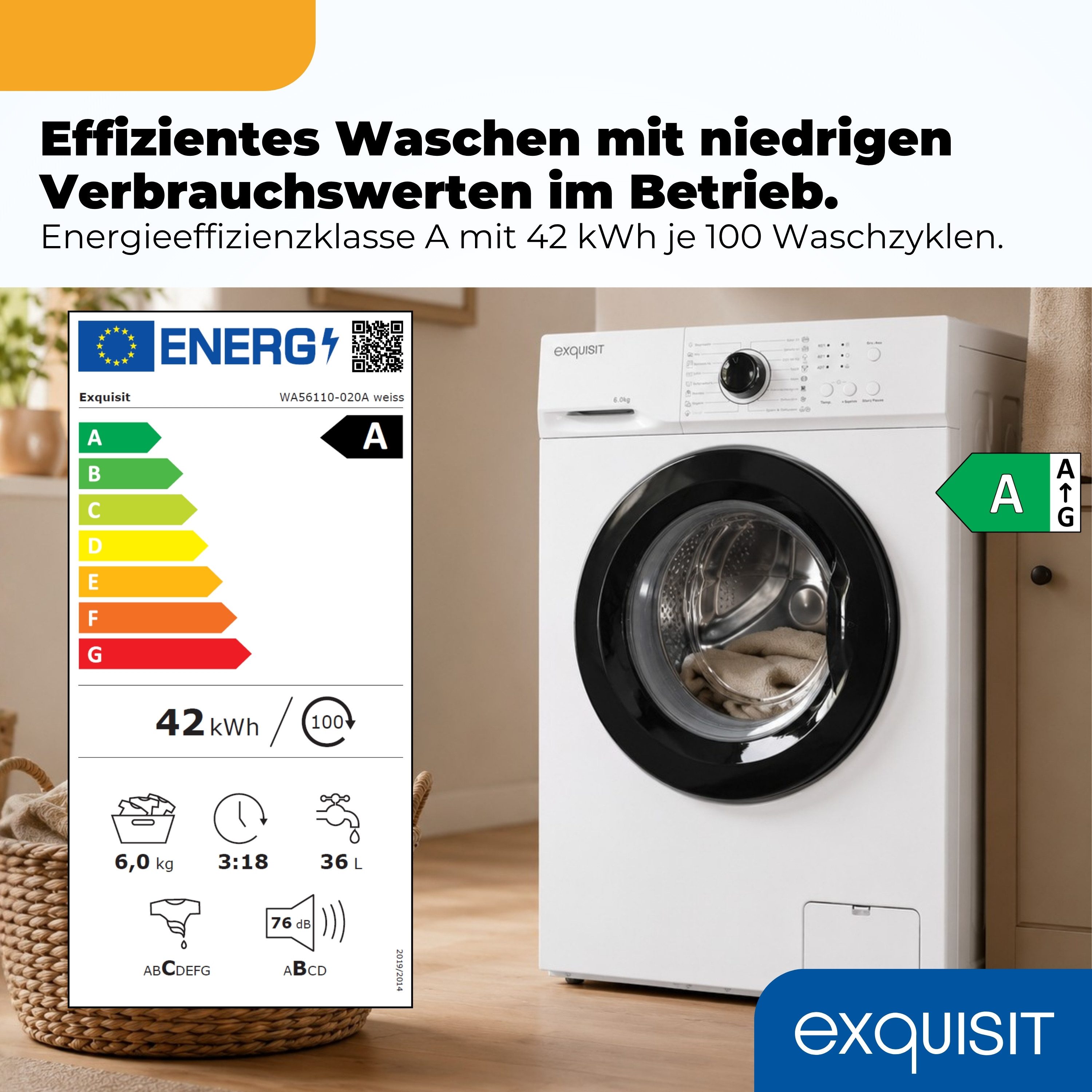 exquisit Waschmaschine WA56110-020A, 6 kg, 1000 U/min, Zuverlässige 6-kg-Waschmaschine mit einfacher Bedienung