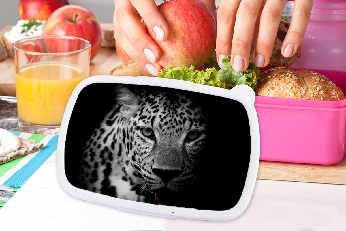 Tiere - Kunststoff, Mädchen, Weiß Lunchbox Schwarz Porträt, rosa - - MuchoWow Brotbox für Brotdose Kunststoff Snackbox, Panther Kinder, - Erwachsene, (2-tlg),