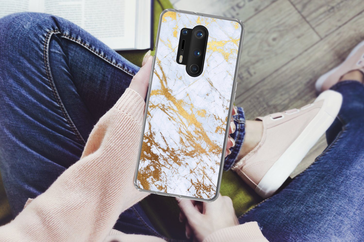 MuchoWow Handyhülle für OnePlus 8 Pro Marmor - Gold - Weiß - Luxe - Marmoroptik - Glitzer, Phone Case, Silikon, Schutzhülle Dünn