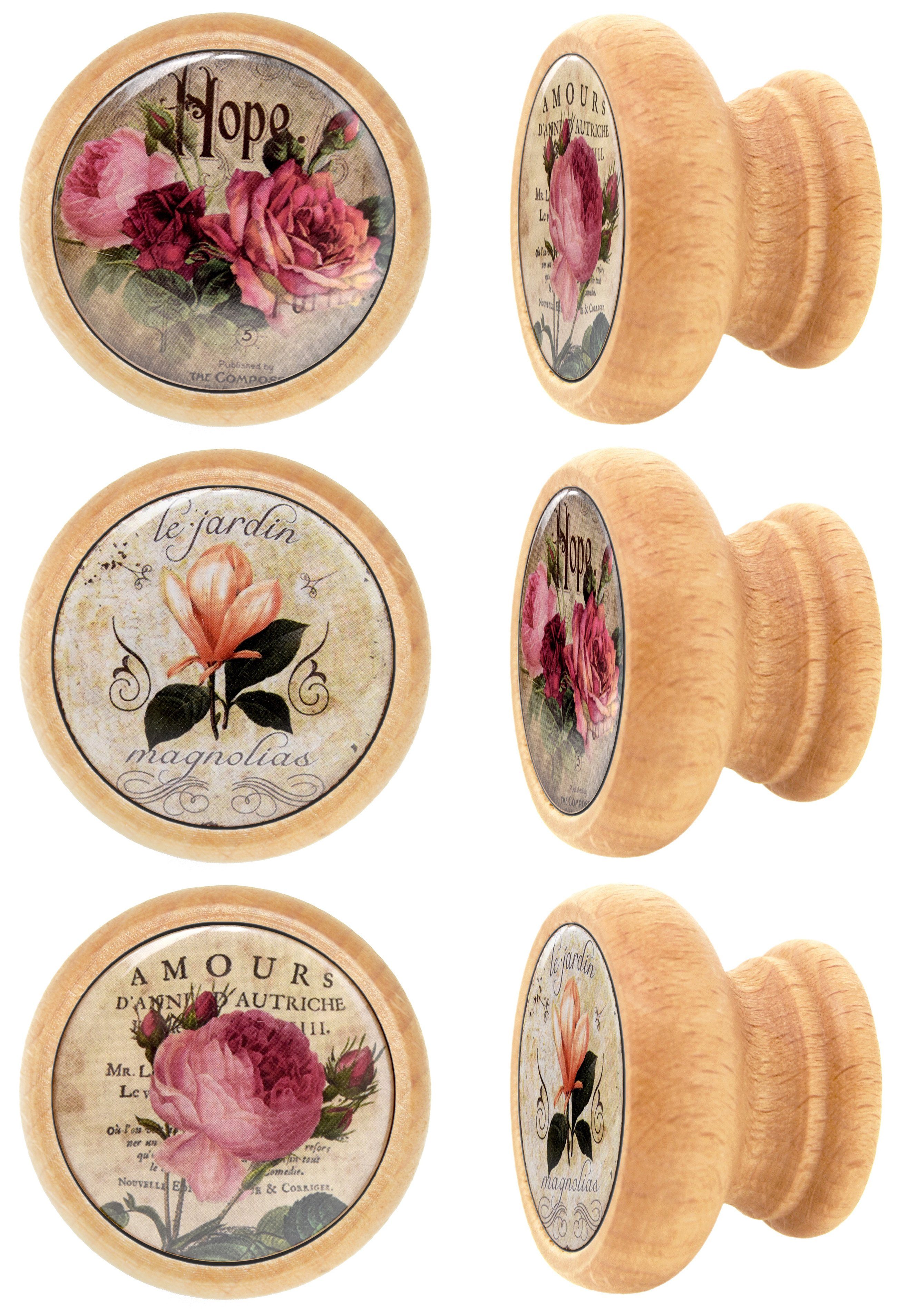 Lashuma Möbelgriff Blumen (Spar-Set, 6-St), Schrankgriffe Holz mit Blumen-Motiv, Schubladengriffe 4 cm Ø