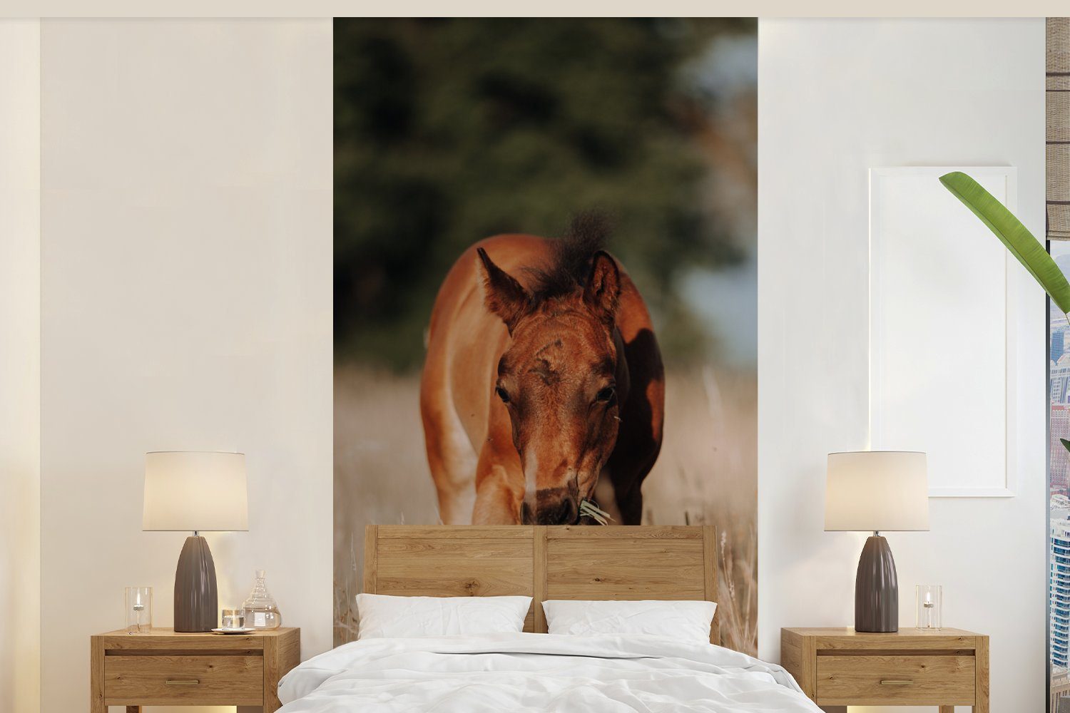 MuchoWow Fototapete Pferd - Sonne - Landschaft, Matt, bedruckt, (2 St), Vliestapete für Wohnzimmer Schlafzimmer Küche, Fototapete