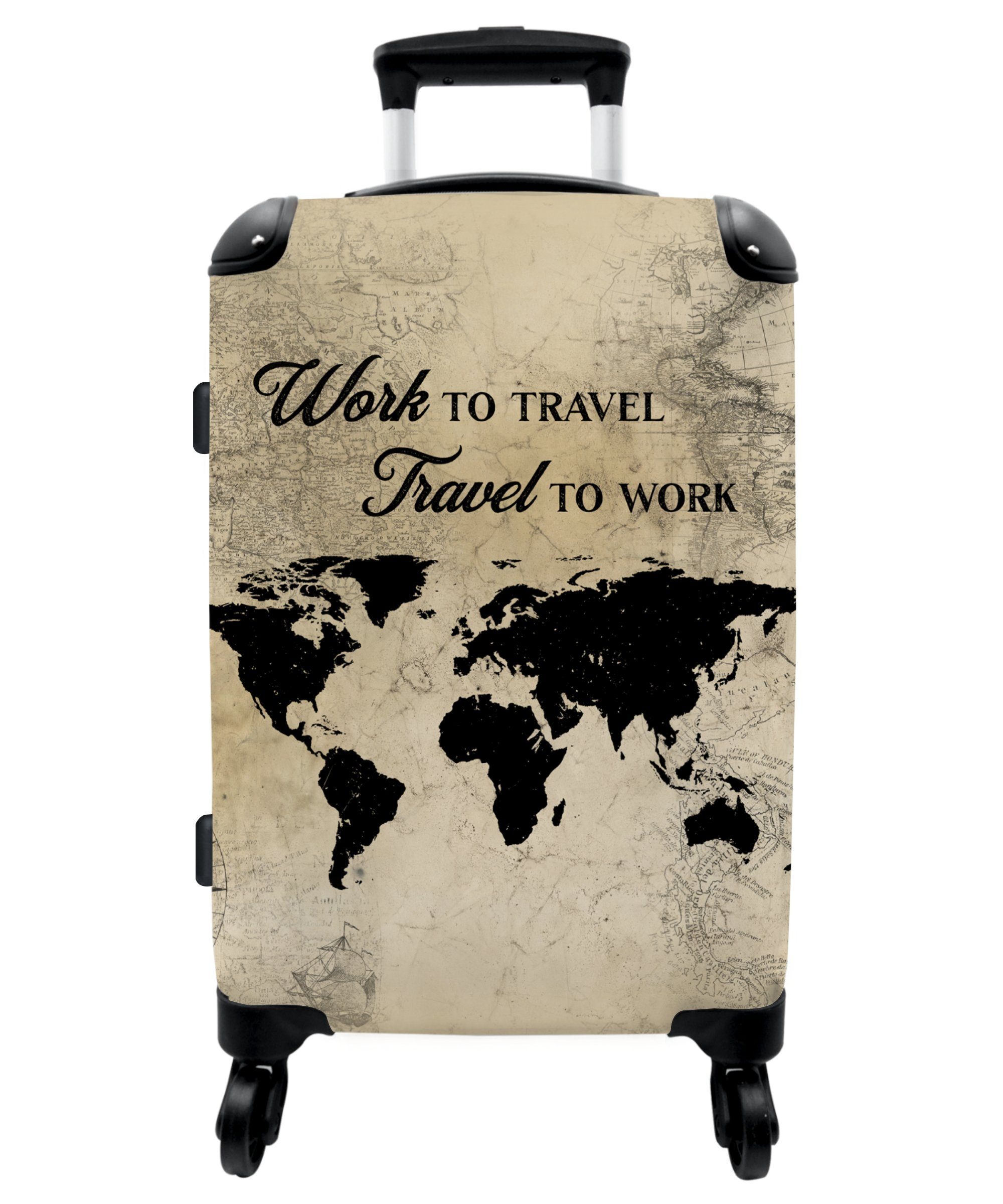 NoBoringSuitcases.com© Koffer 67x43x25cm Weltkarte - 'Arbeiten um zu reisen, reisen um zu arbeiten', 4 Rollen, Aufgabegepäck Trolley Rollkoffer Große Reisekoffer mit 4 Rollen -