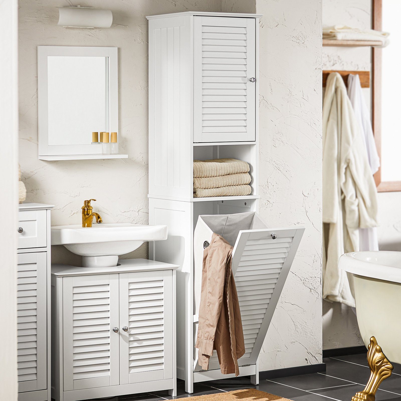 SoBuy Hochschrank BZR124, Badschrank schmal, Badschrank mit Regal, Badezimmer Schrank Badezimmerschrank mit Wäschesack Wäscheschrank Badezimmermöbel