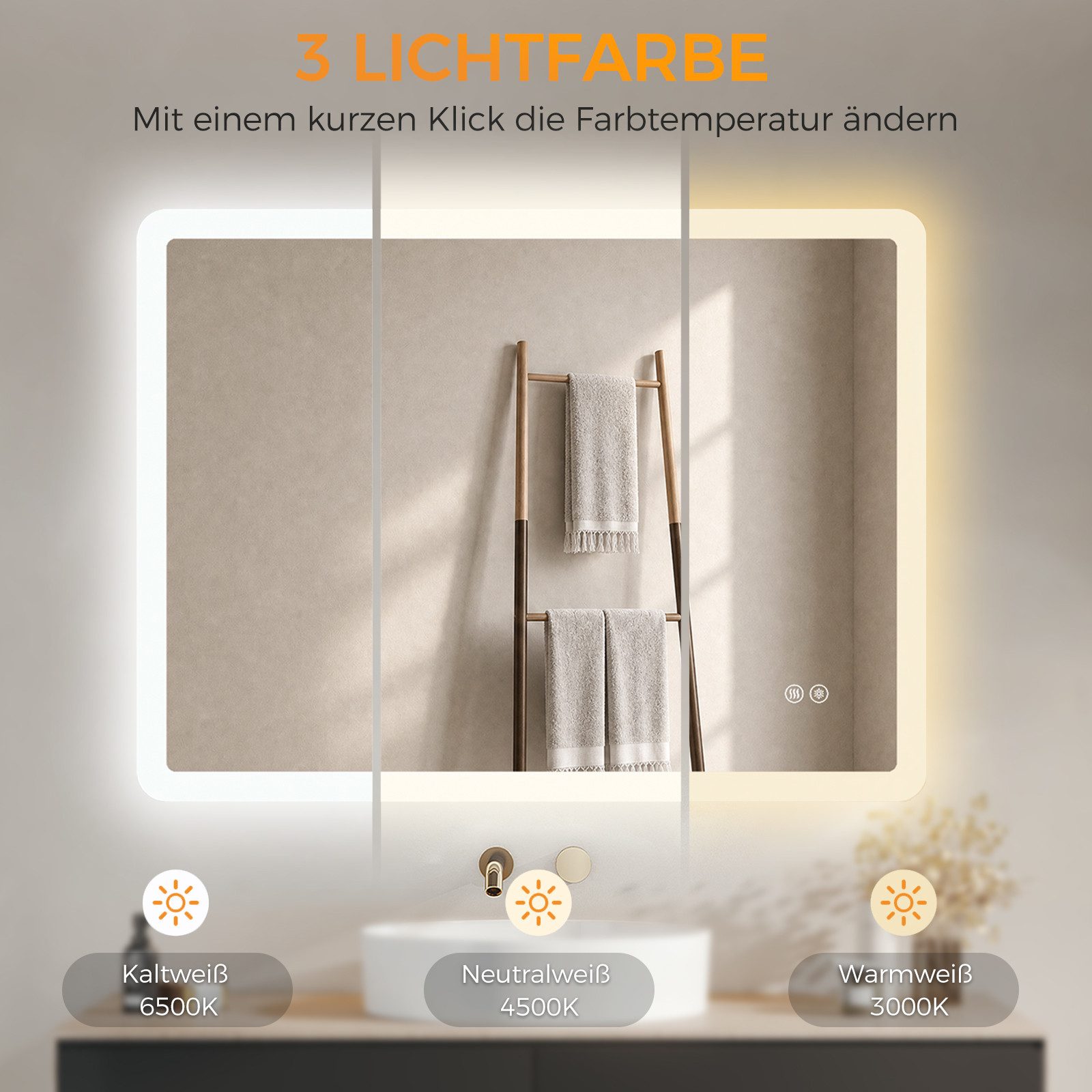 IMPTS Badspiegel LED Badezimmerspiegel Wandspiegel mit Beleuchtung Antibeschlag (Set, Speicherfunktion, Anti-Beschlag, Dimmbar, Touch-Schalter, Energiesparend), – Bild 4 von 5